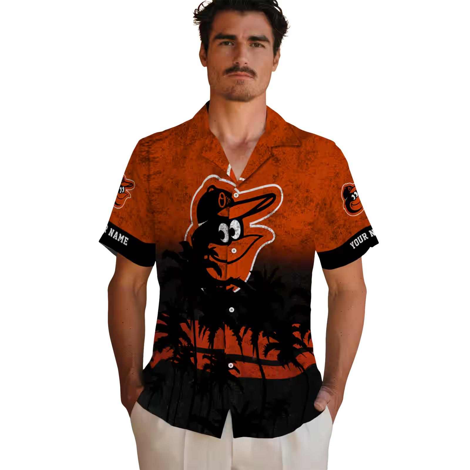 personalized baltimore orioles sunset pattern orange black hawaiian shirt fashion forward