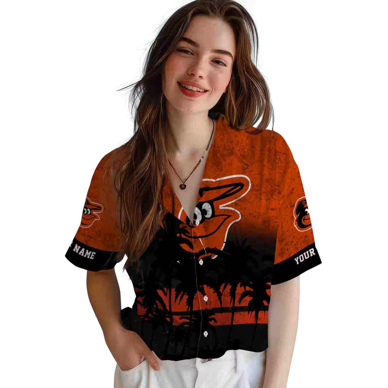 personalized baltimore orioles sunset pattern orange black hawaiian shirt latest model