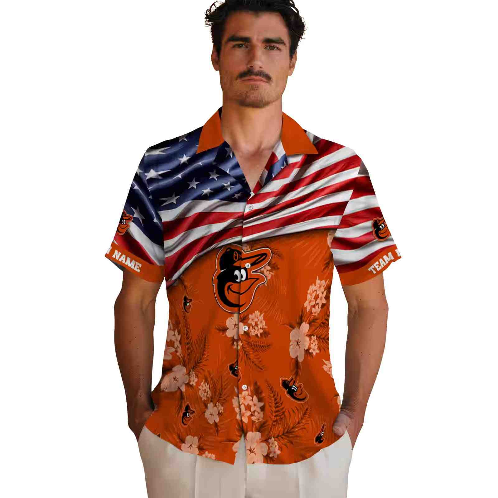 personalized baltimore orioles us flag hibiscus orange hawaiian shirt fashion forward