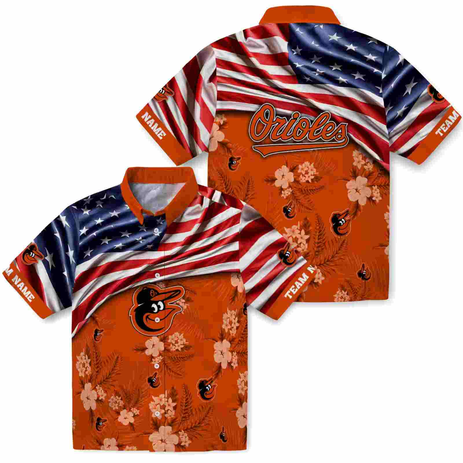 personalized baltimore orioles us flag hibiscus orange hawaiian shirt high quality