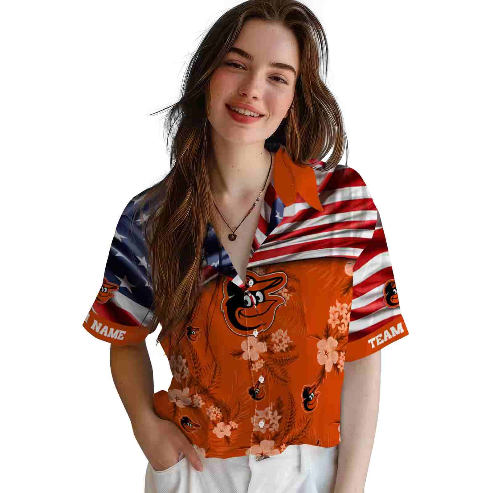 personalized baltimore orioles us flag hibiscus orange hawaiian shirt latest model