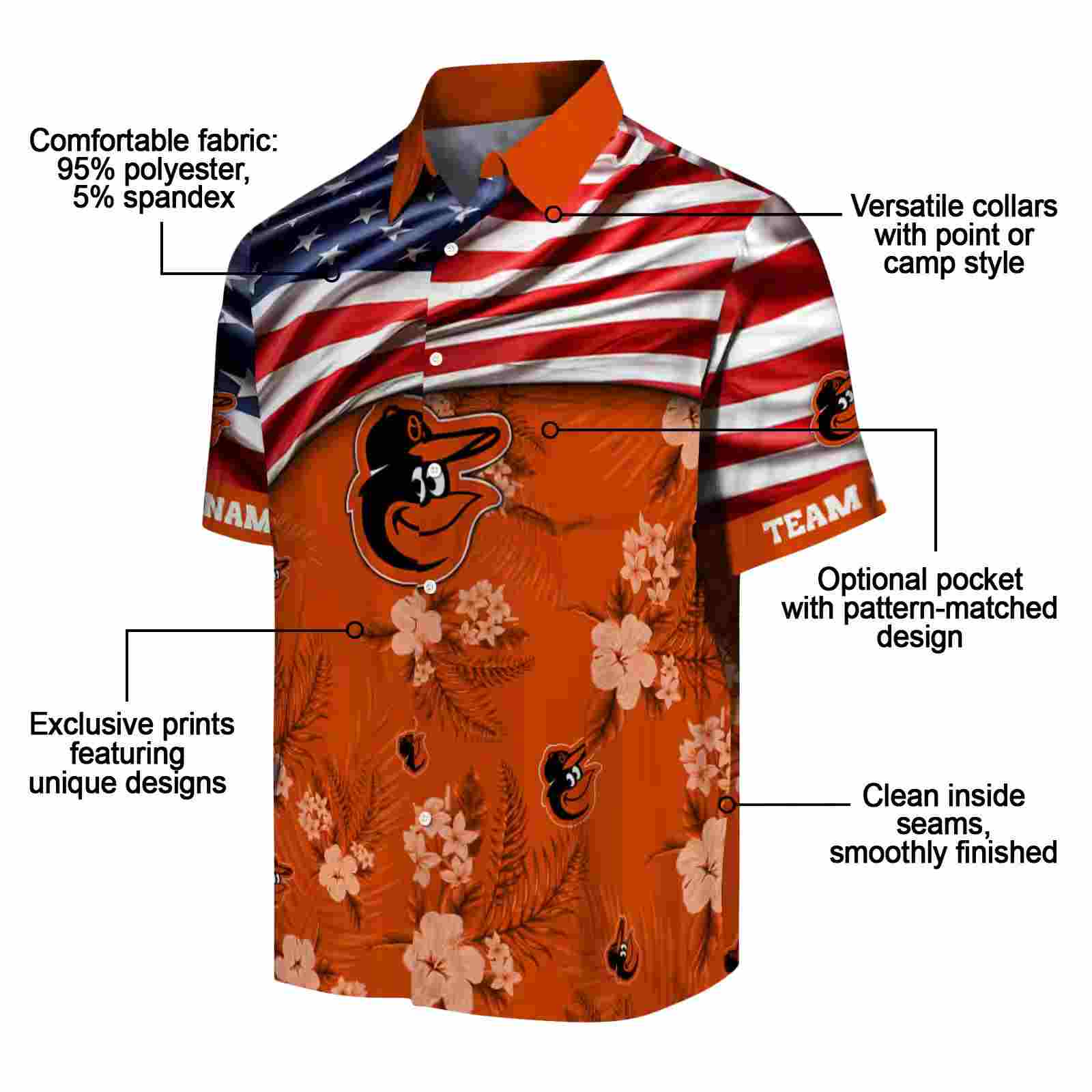 personalized baltimore orioles us flag hibiscus orange hawaiian shirt new arrival