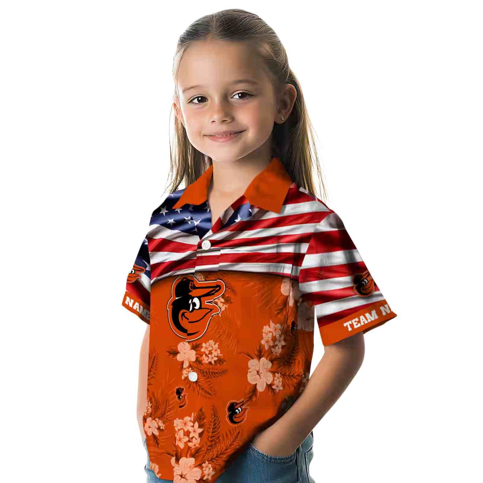 personalized baltimore orioles us flag hibiscus orange hawaiian shirt premium grade