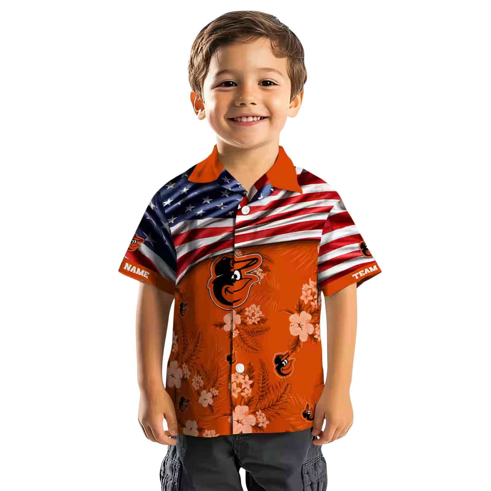 personalized baltimore orioles us flag hibiscus orange hawaiian shirt top rated