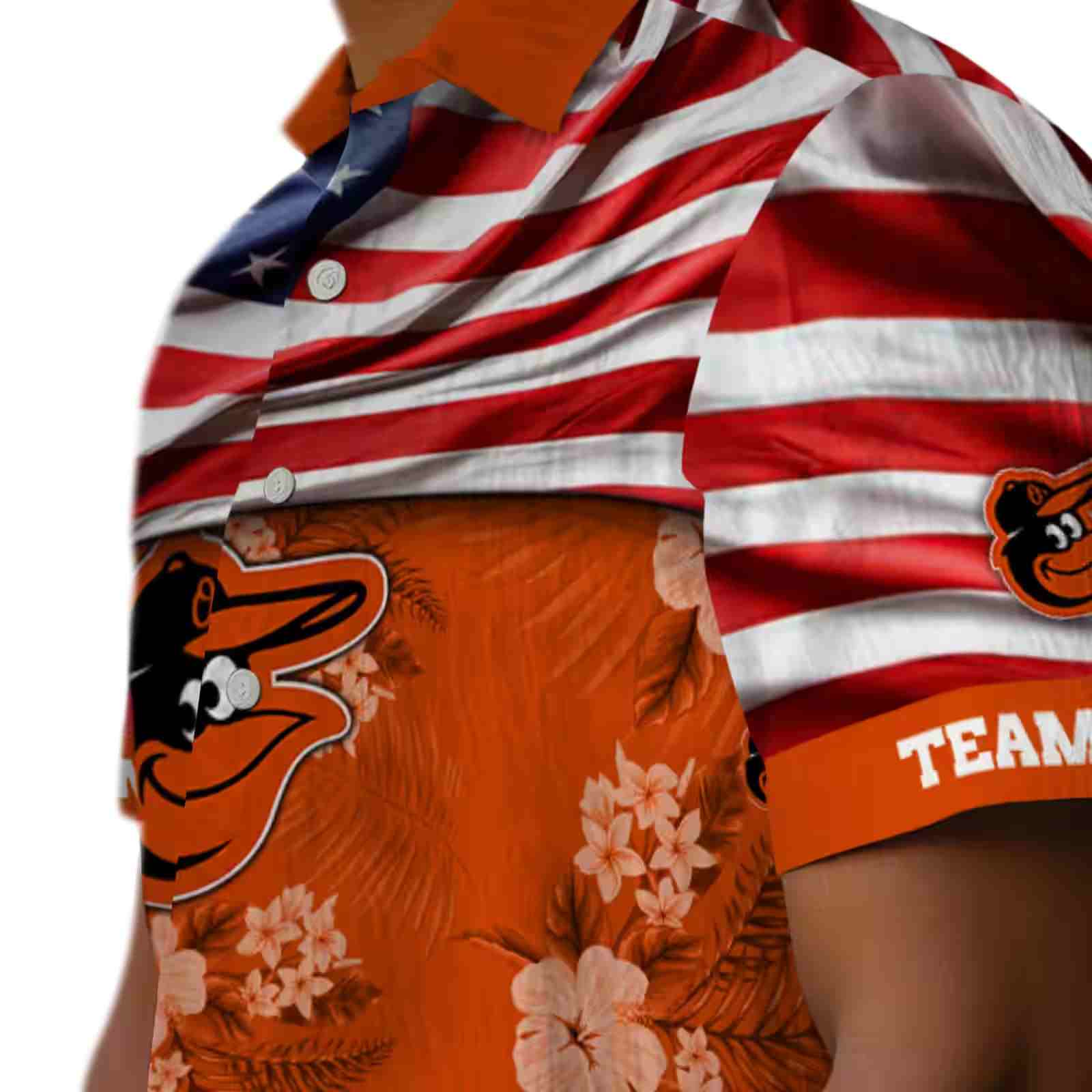 personalized baltimore orioles us flag hibiscus orange hawaiian shirt trendy