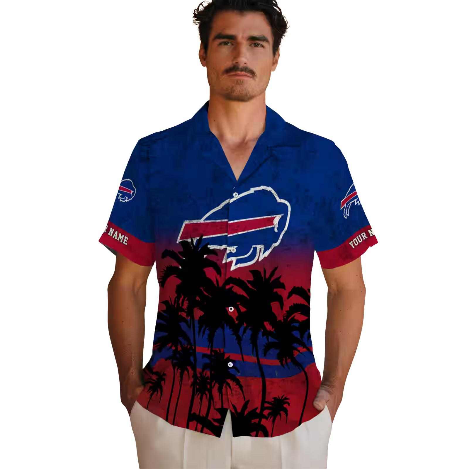 personalized buffalo bills sunset pattern blue black hawaiian shirt fashion forward