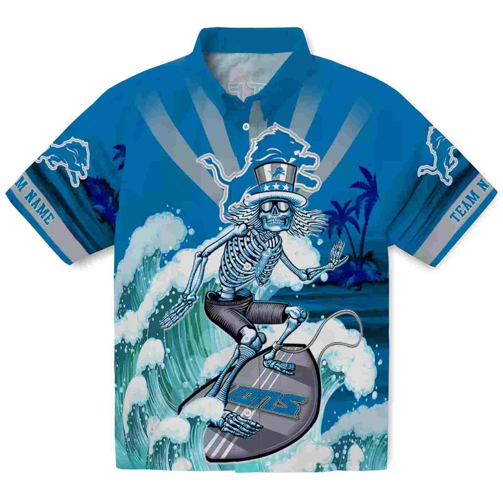 Personalized Detroit Lions Surfing Skeleton Blue Hawaiian Shirt