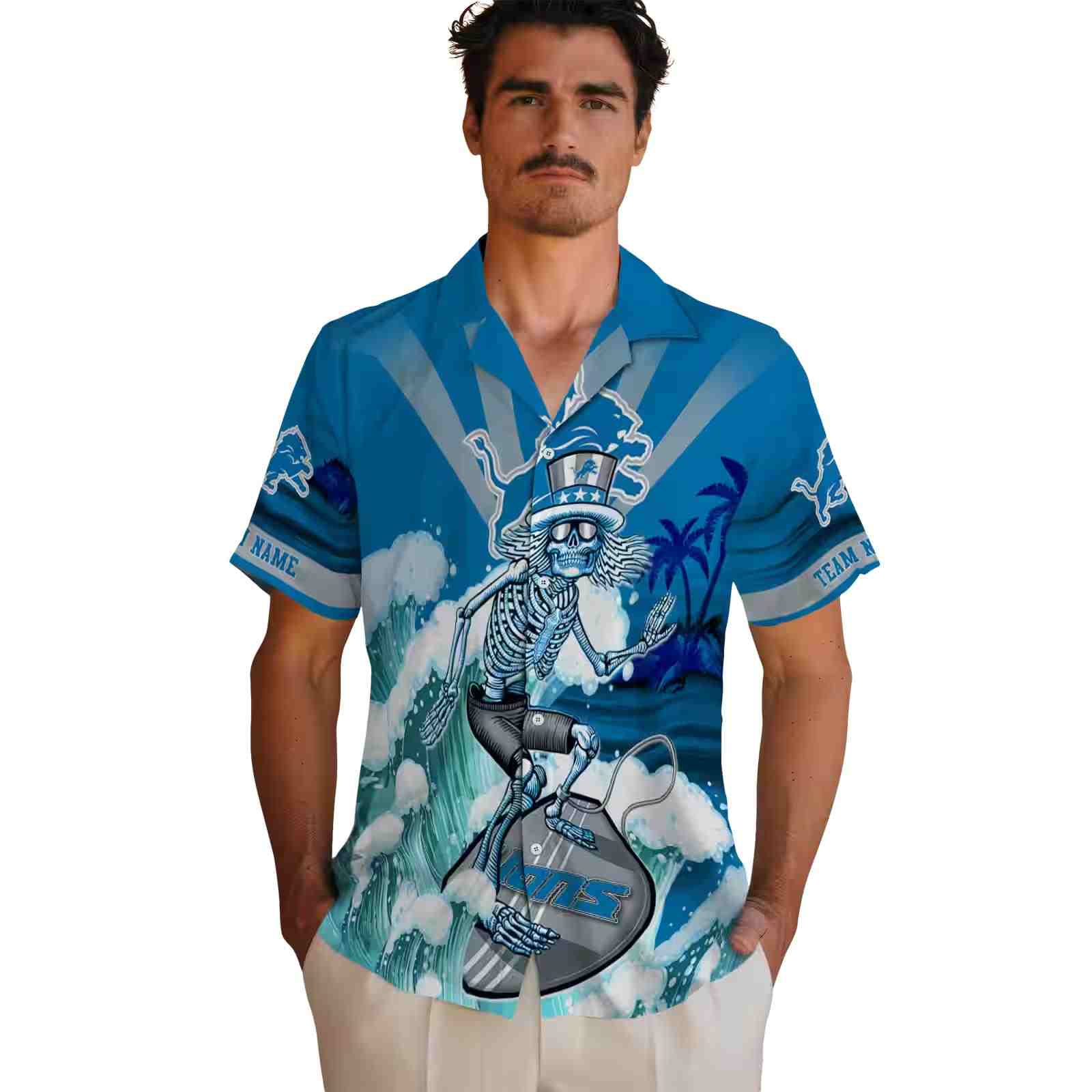 personalized detroit lions surfing skeleton blue hawaiian shirt fashion forward