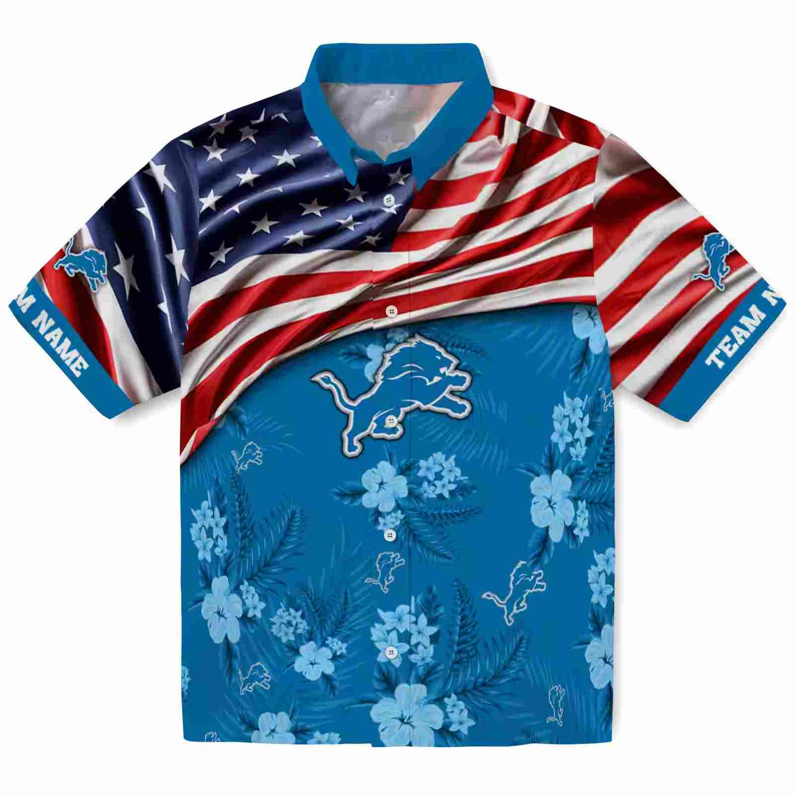 Personalized Detroit Lions US Flag Hibiscus Blue Hawaiian Shirt