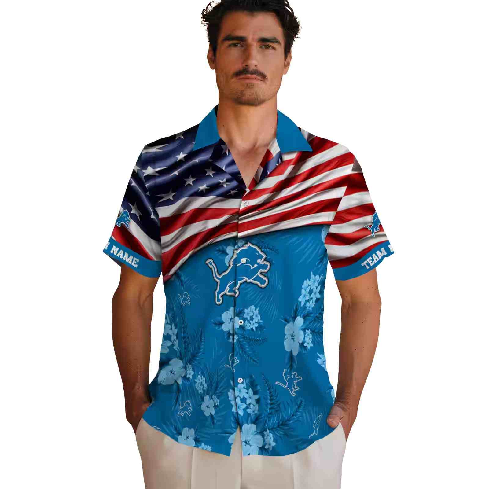 personalized detroit lions us flag hibiscus blue hawaiian shirt fashion forward