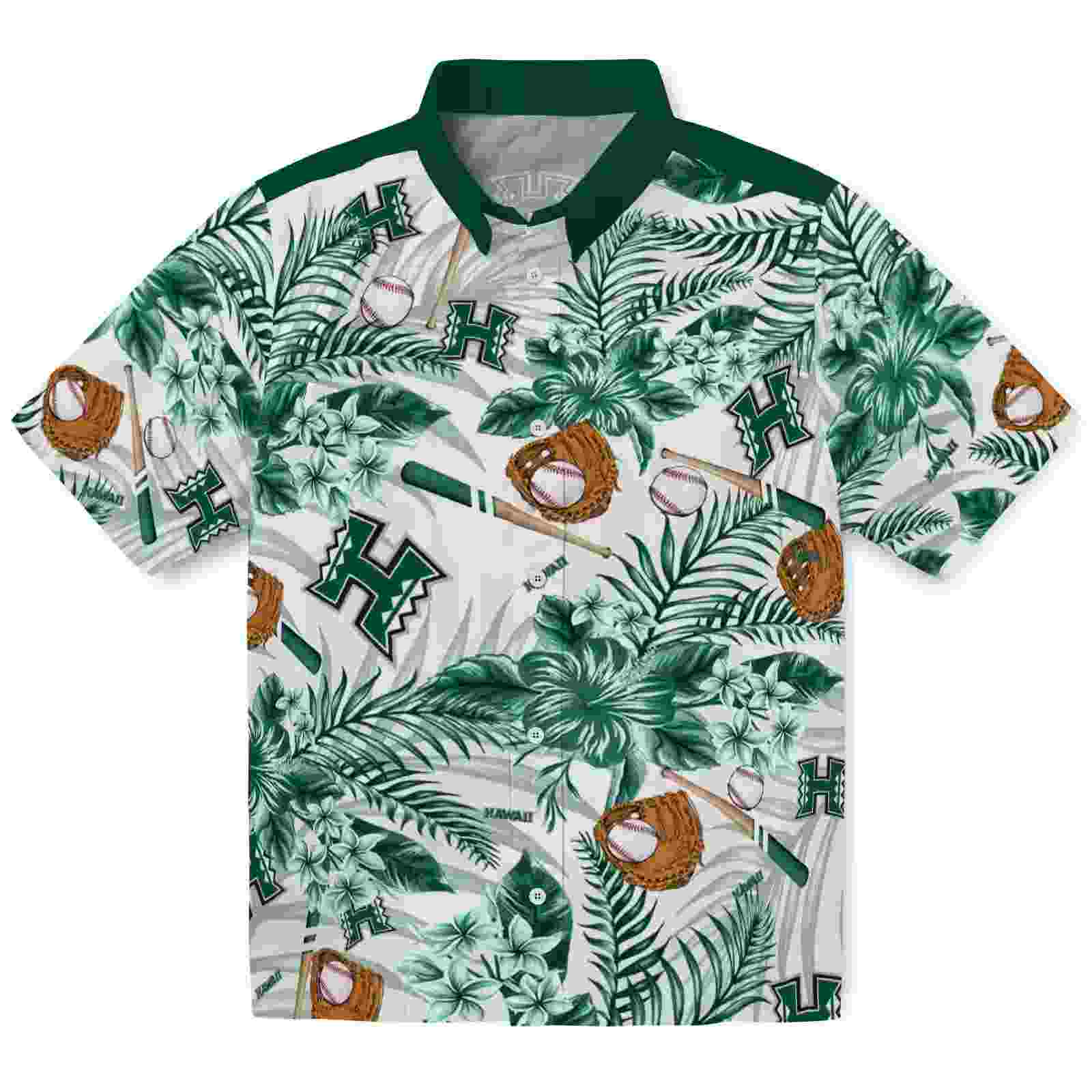 Personalized Hawaii Rainbow Warriors Floral Baseball Green White Hawaiian Shirt