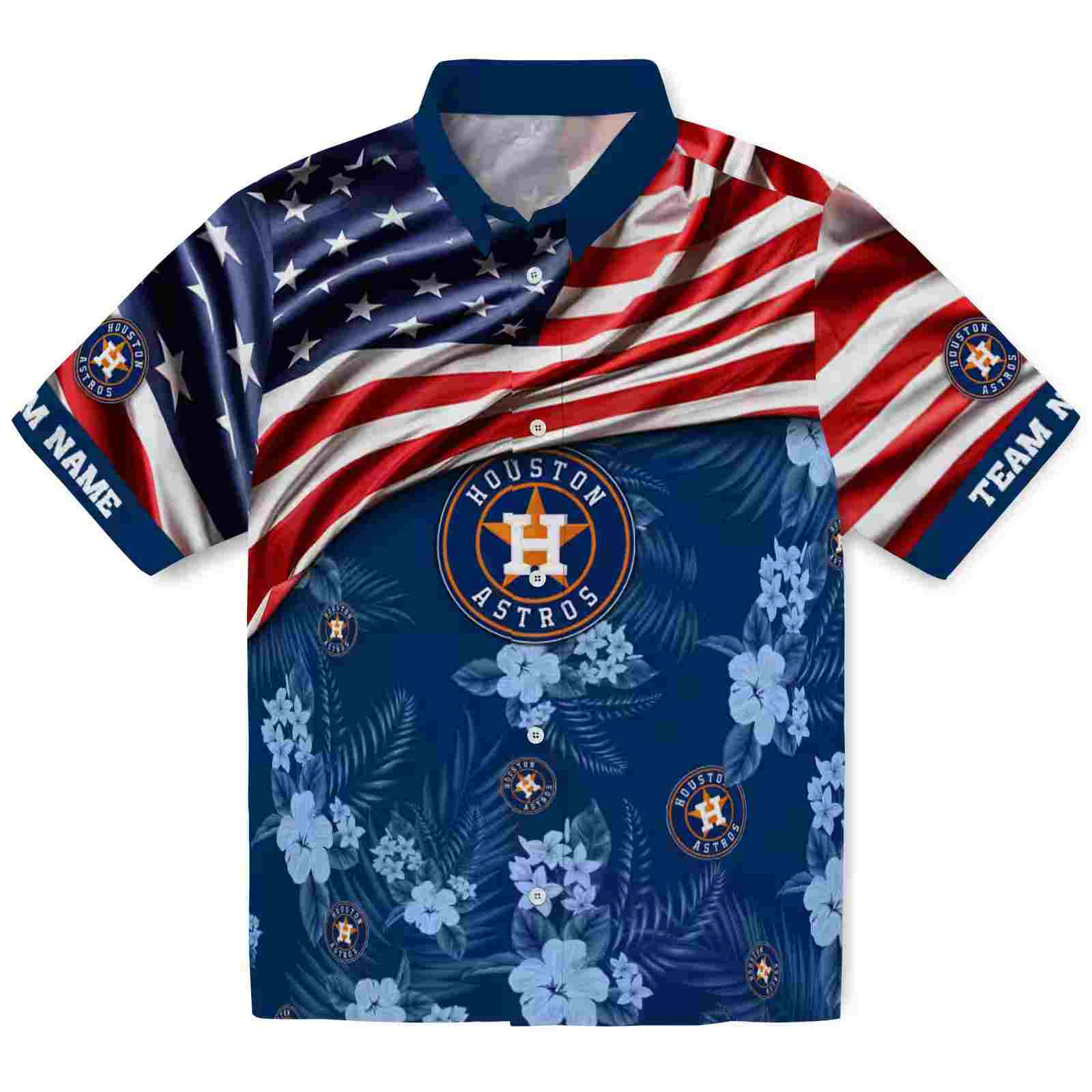 Personalized Houston Astros US Flag Hibiscus Blue Hawaiian Shirt