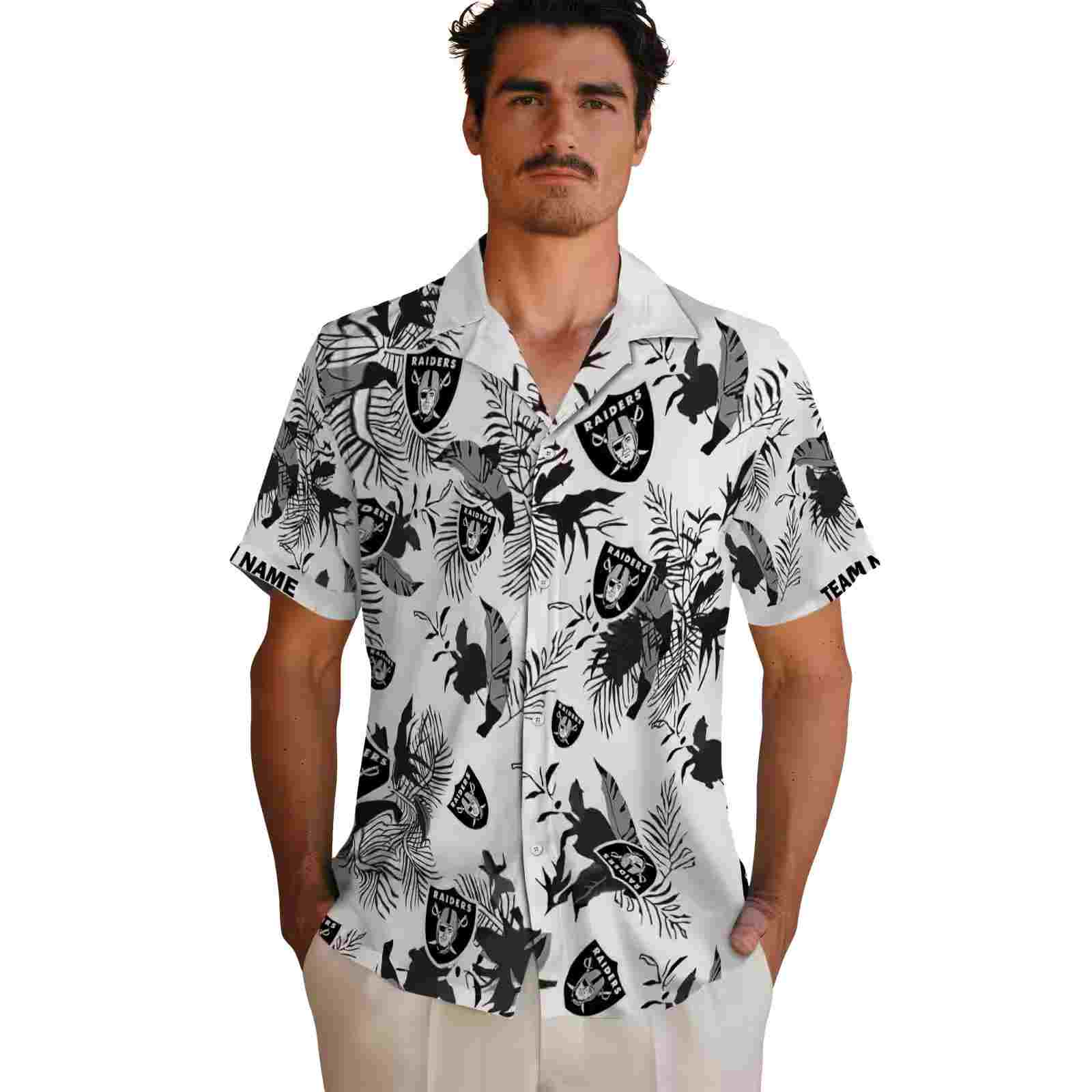 personalized las vegas raiders botanical theme black white hawaiian shirt fashion forward