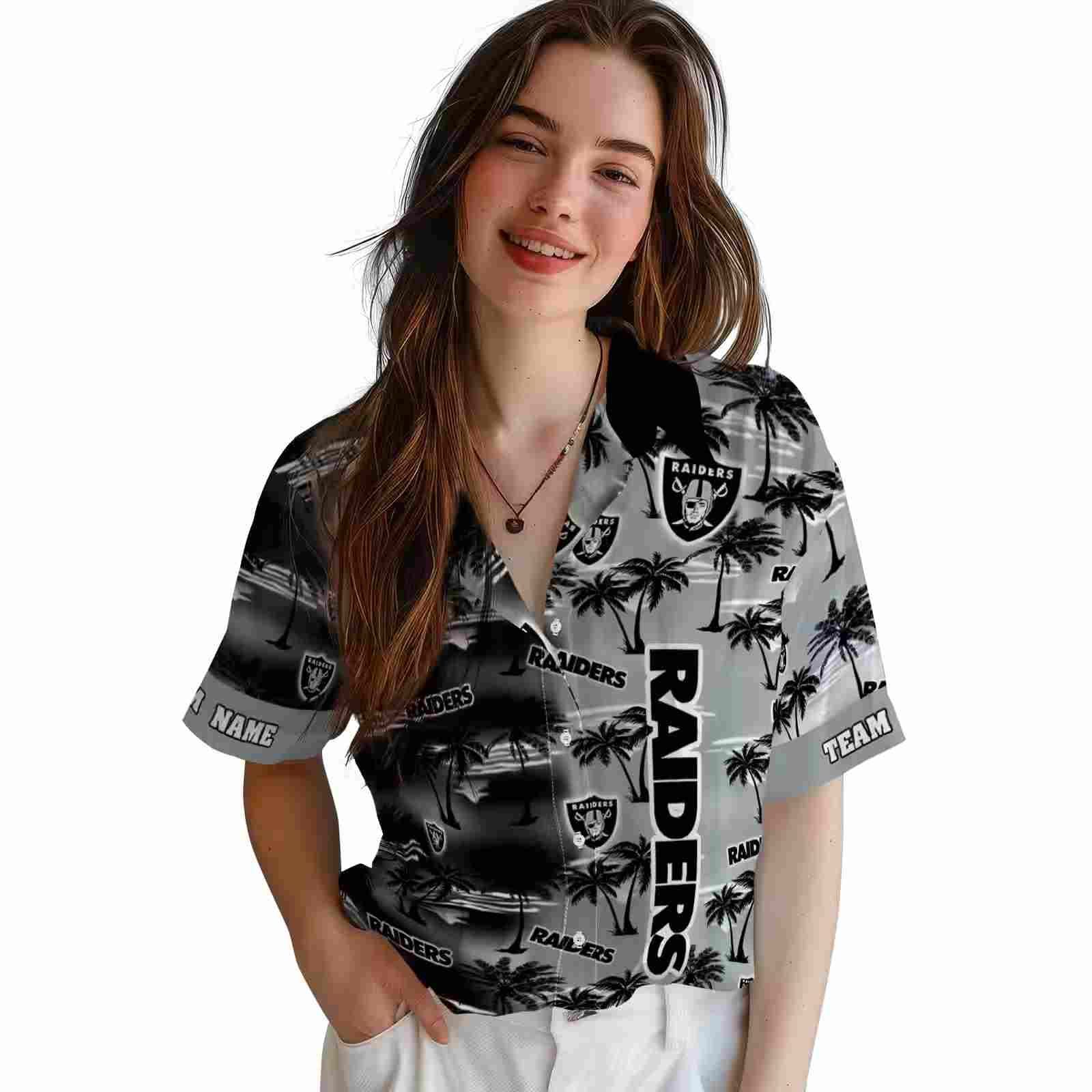 personalized las vegas raiders palm silhouettes black hawaiian shirt latest model