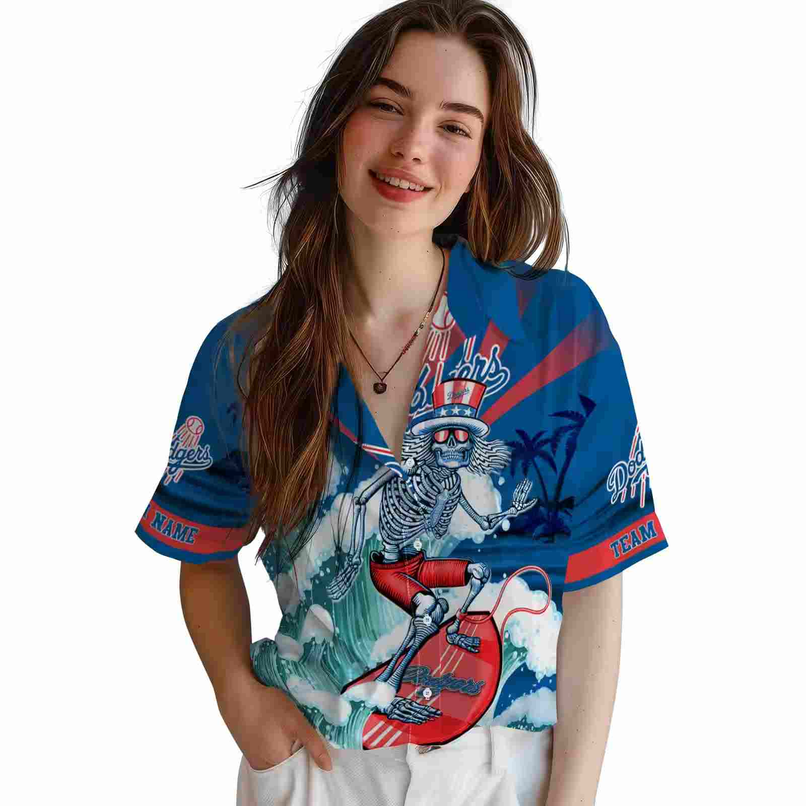 personalized los angeles dodgers surfing skeleton blue hawaiian shirt latest model