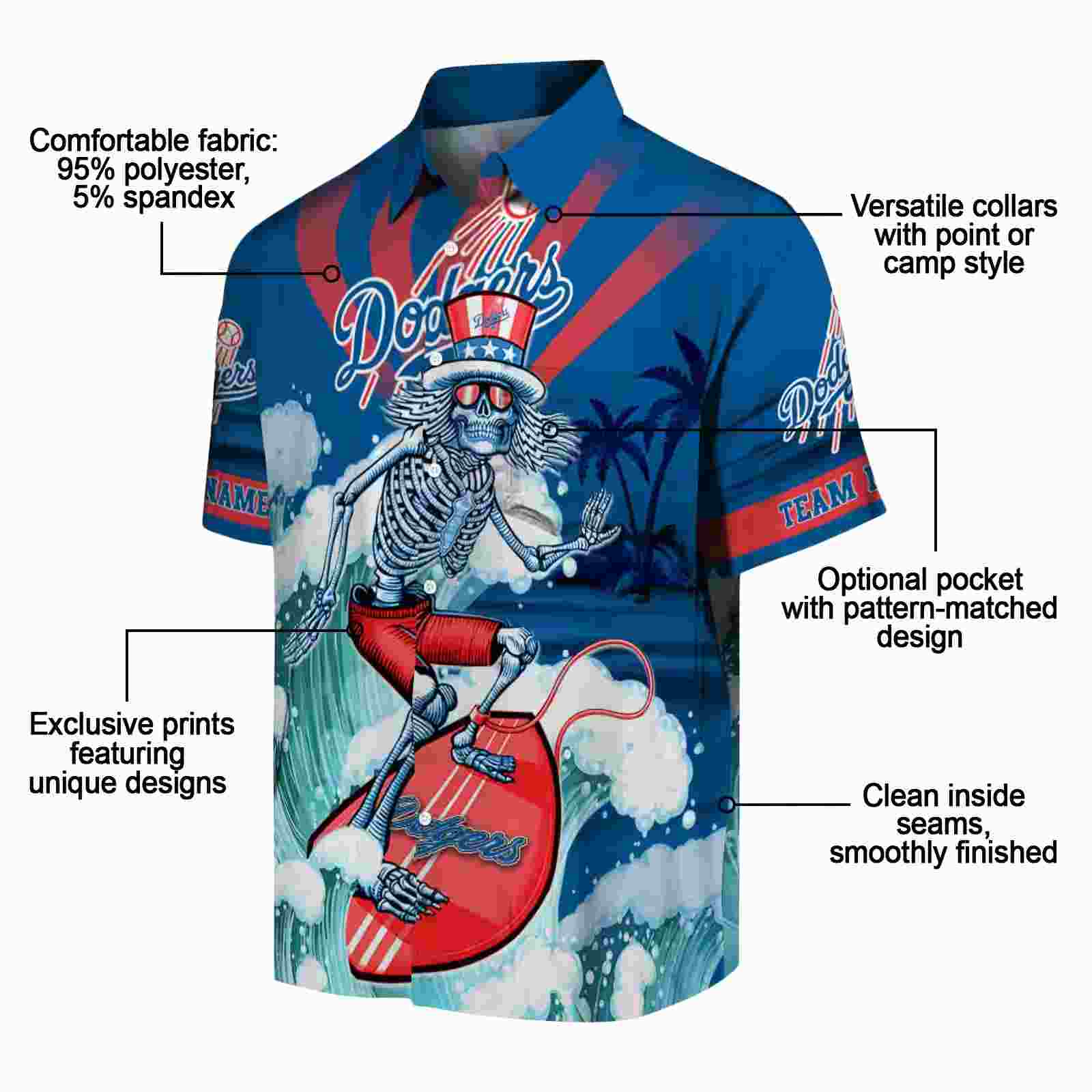 personalized los angeles dodgers surfing skeleton blue hawaiian shirt new arrival