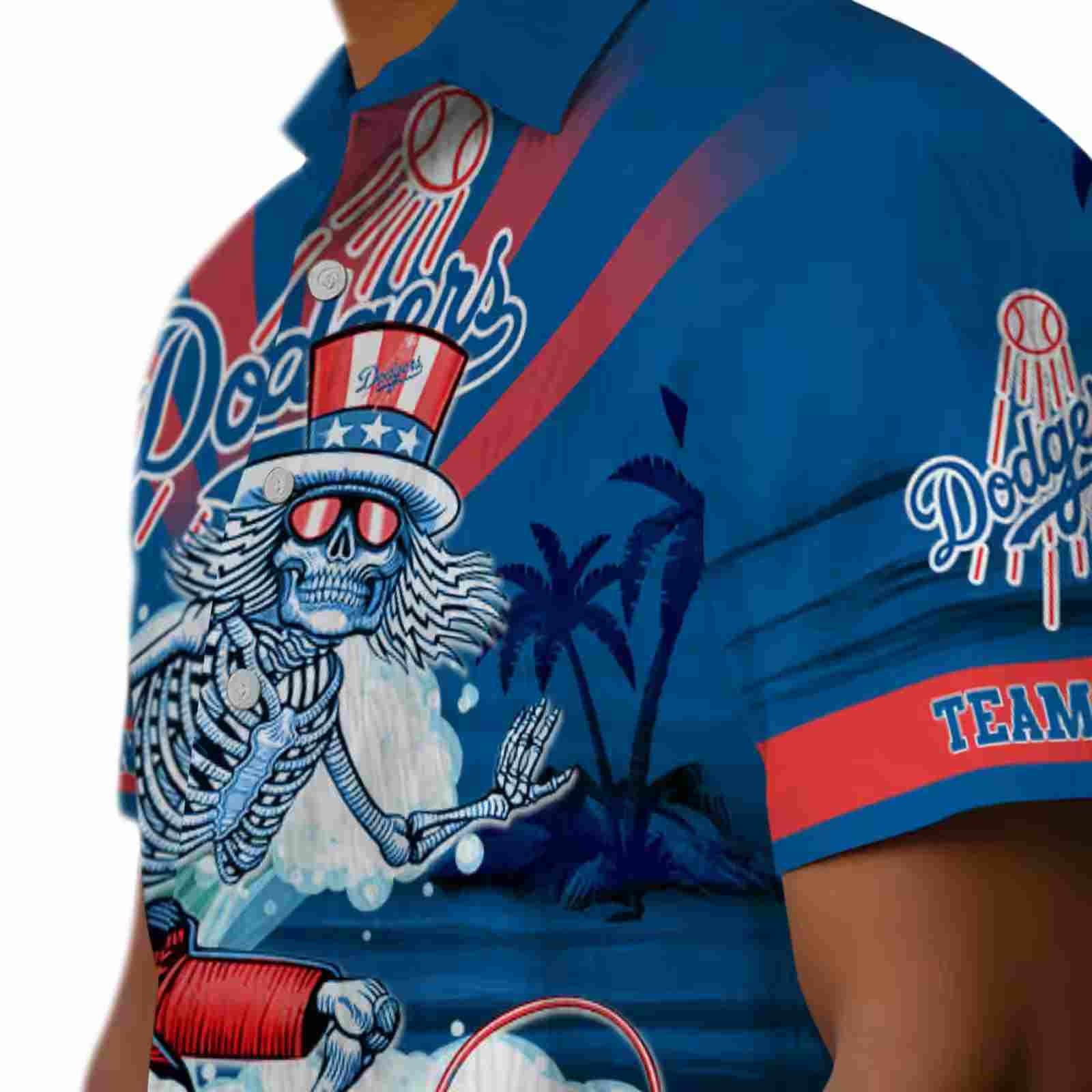 personalized los angeles dodgers surfing skeleton blue hawaiian shirt trendy