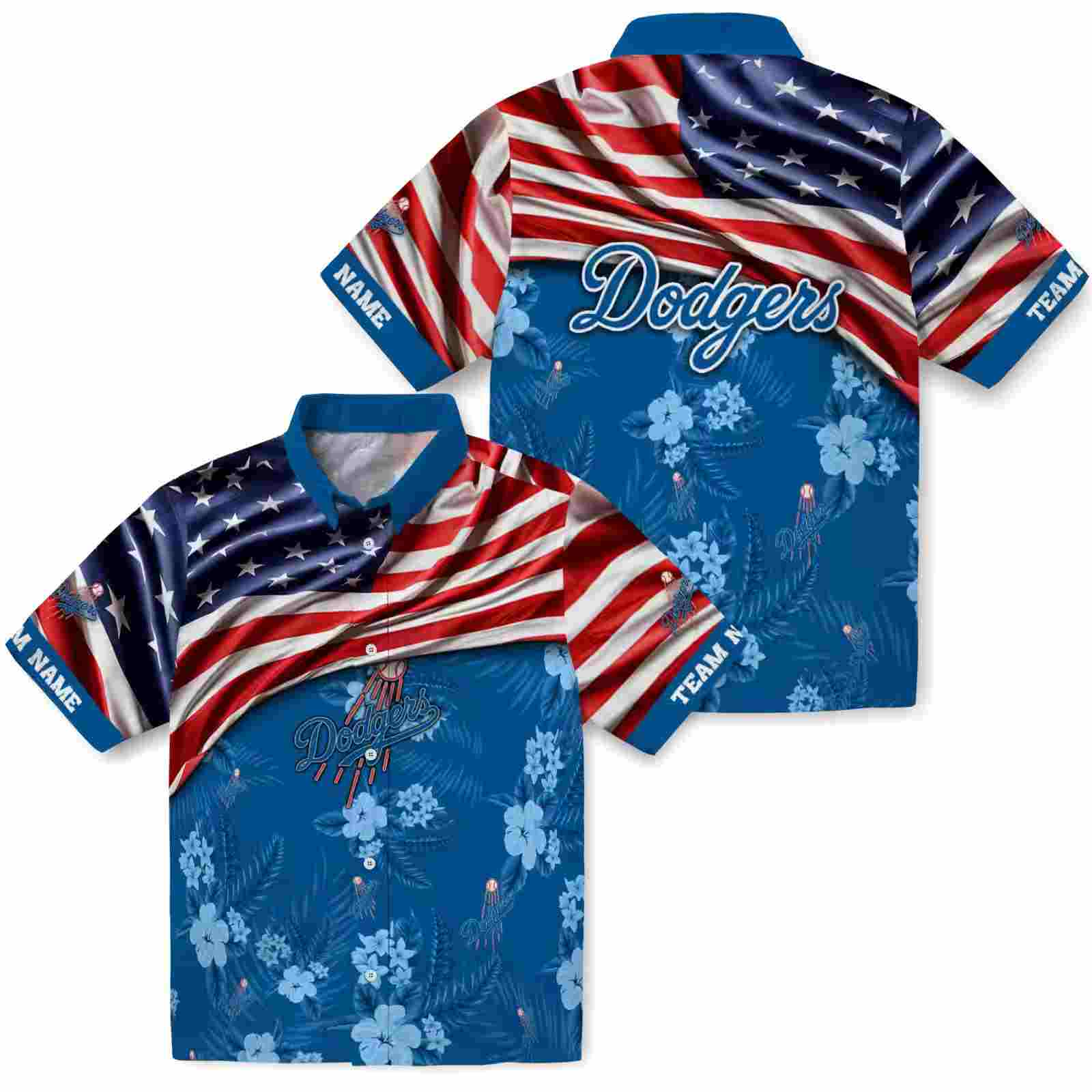 personalized los angeles dodgers us flag hibiscus blue hawaiian shirt high quality