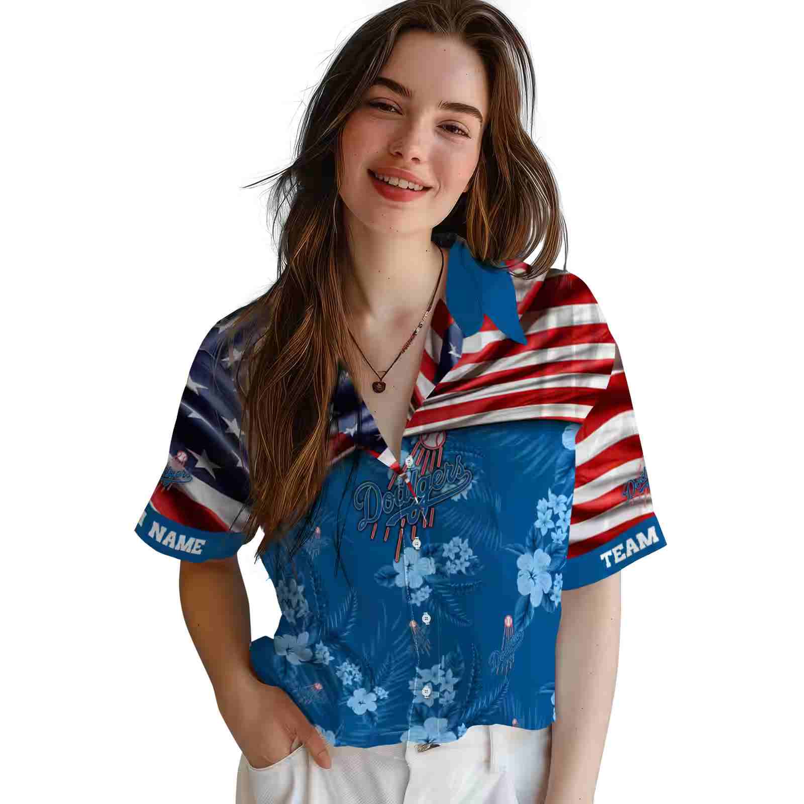 personalized los angeles dodgers us flag hibiscus blue hawaiian shirt latest model