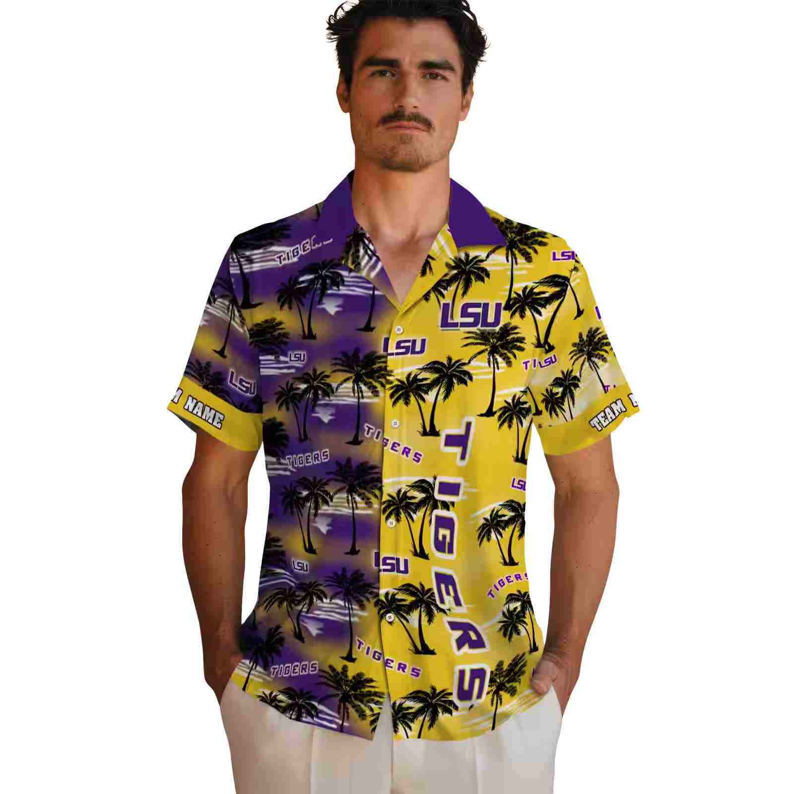 personalized lsu tigers palm silhouettes purple hawaiian shirt fashion forward