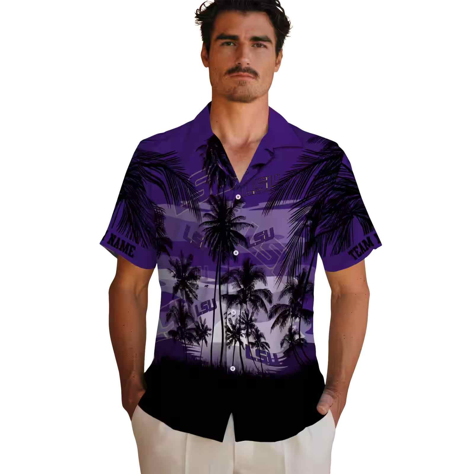 personalized lsu tigers sunset scene purple black hawaiian shirt fashion forward