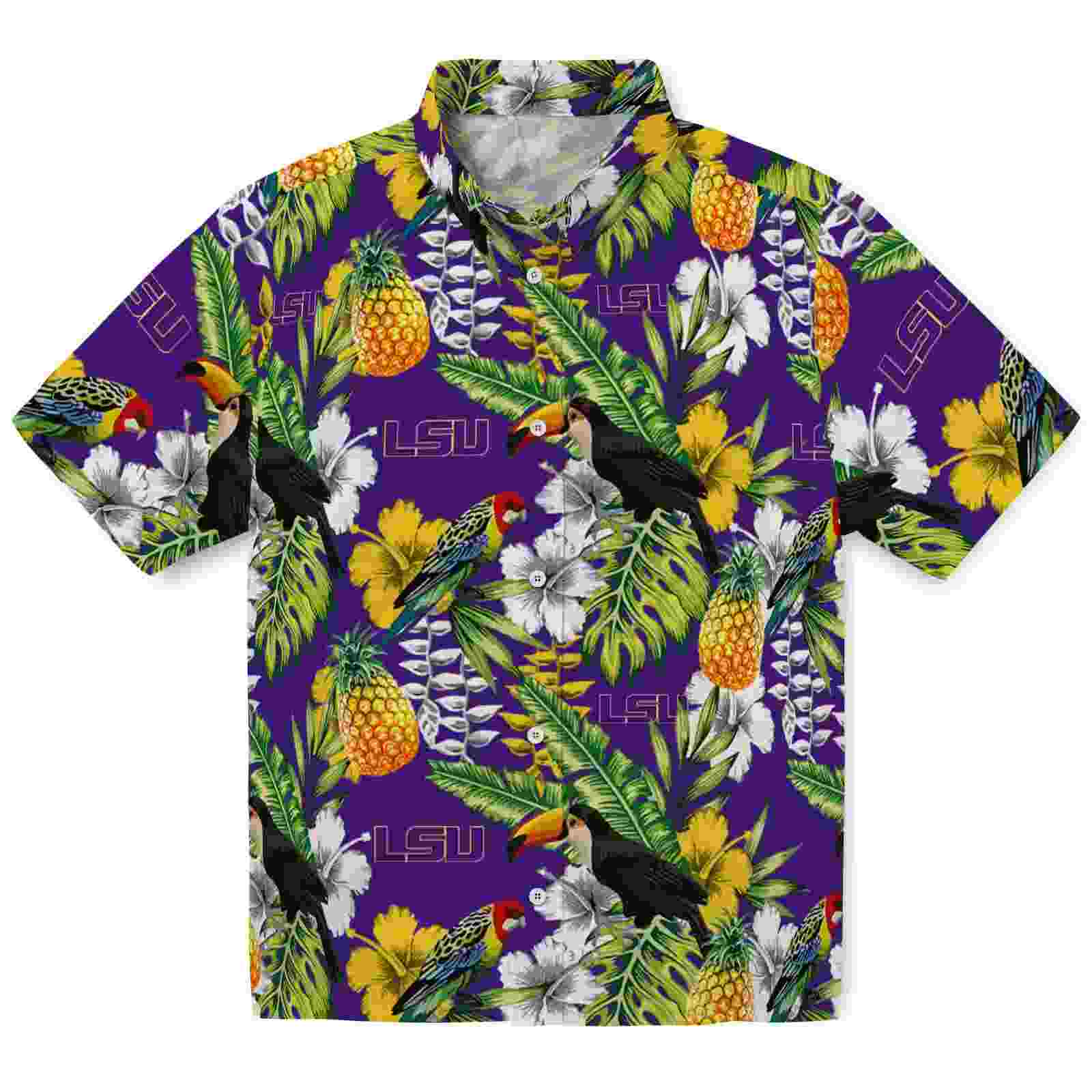 Personalized LSU Tigers Tropical Toucan Purple Green Hawaiian Shirt