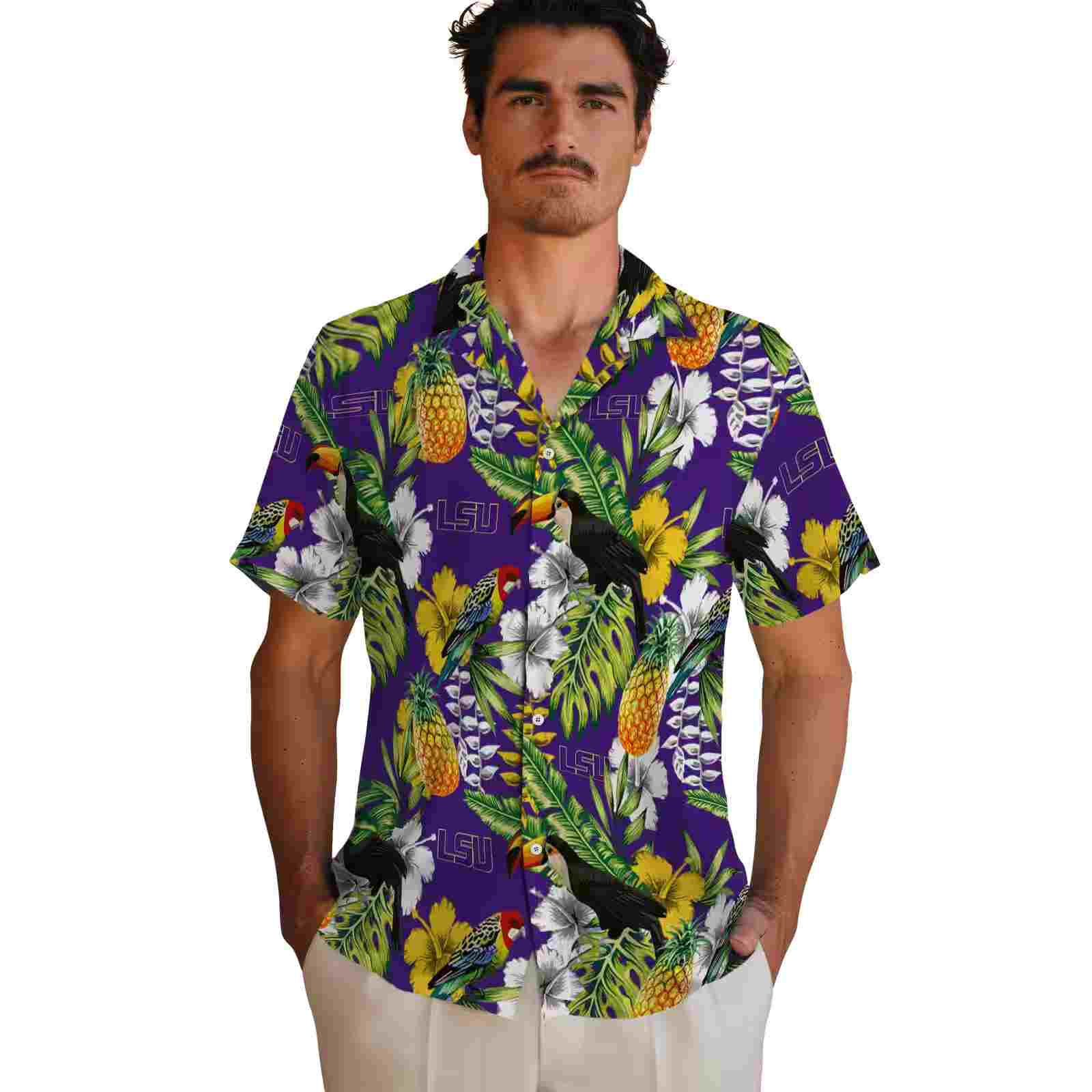 personalized lsu tigers tropical toucan purple green hawaiian shirt fashion forward