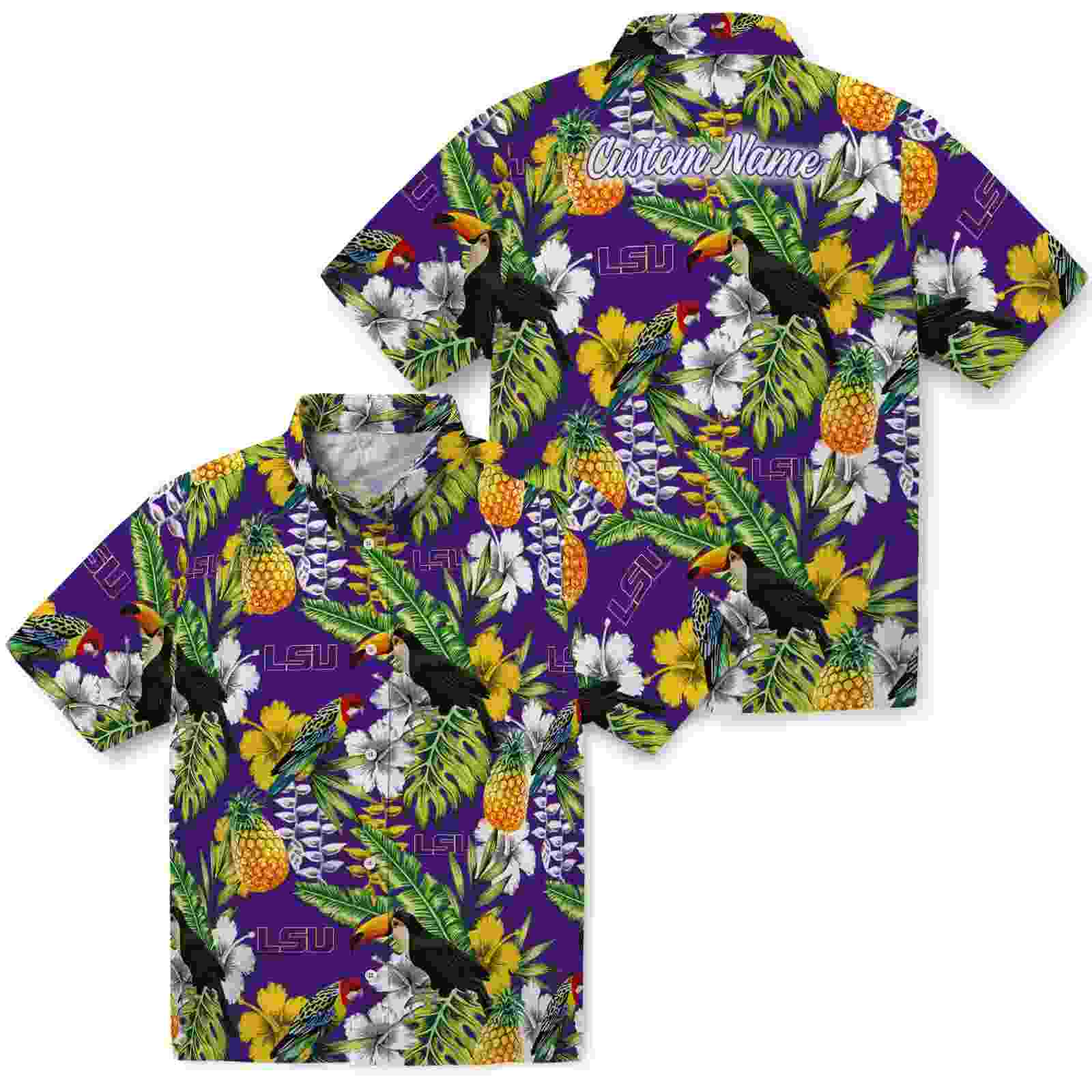 personalized lsu tigers tropical toucan purple green hawaiian shirt high quality