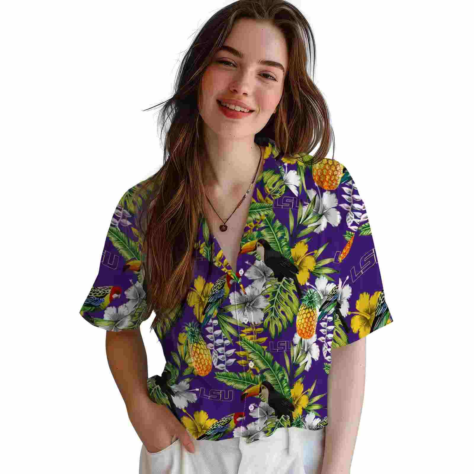 personalized lsu tigers tropical toucan purple green hawaiian shirt latest model