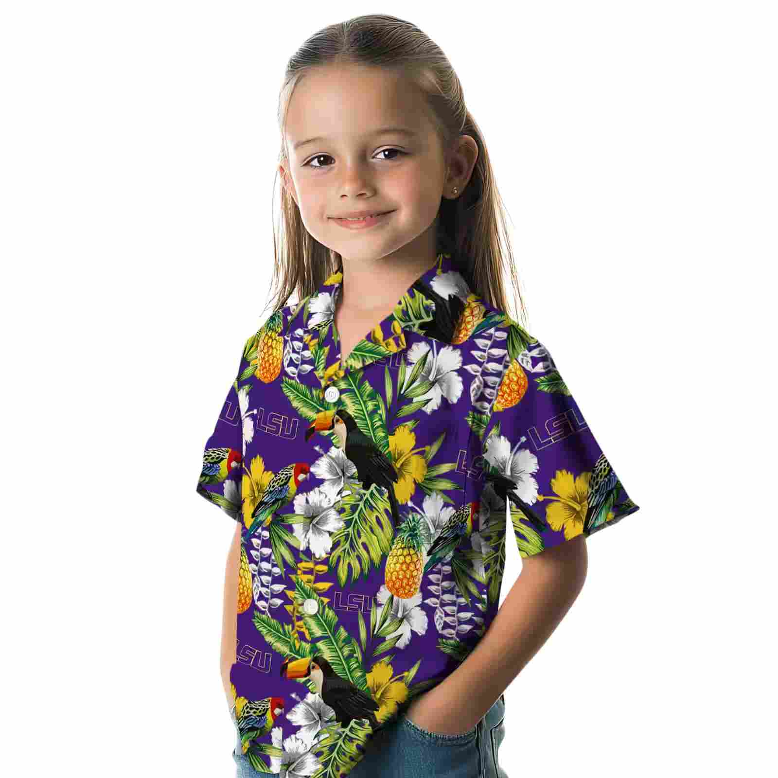 personalized lsu tigers tropical toucan purple green hawaiian shirt premium grade