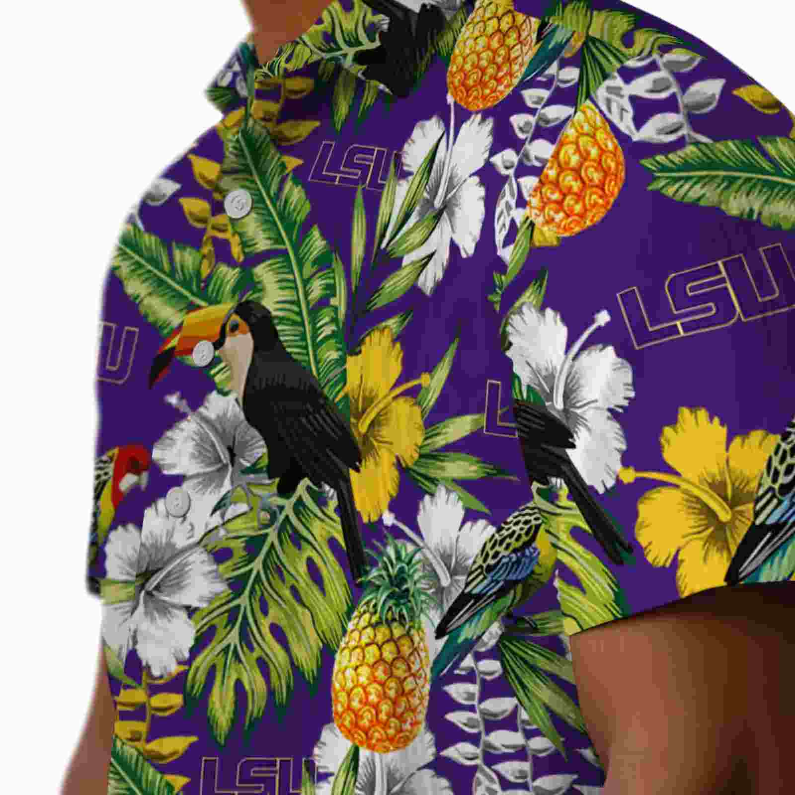 personalized lsu tigers tropical toucan purple green hawaiian shirt trendy