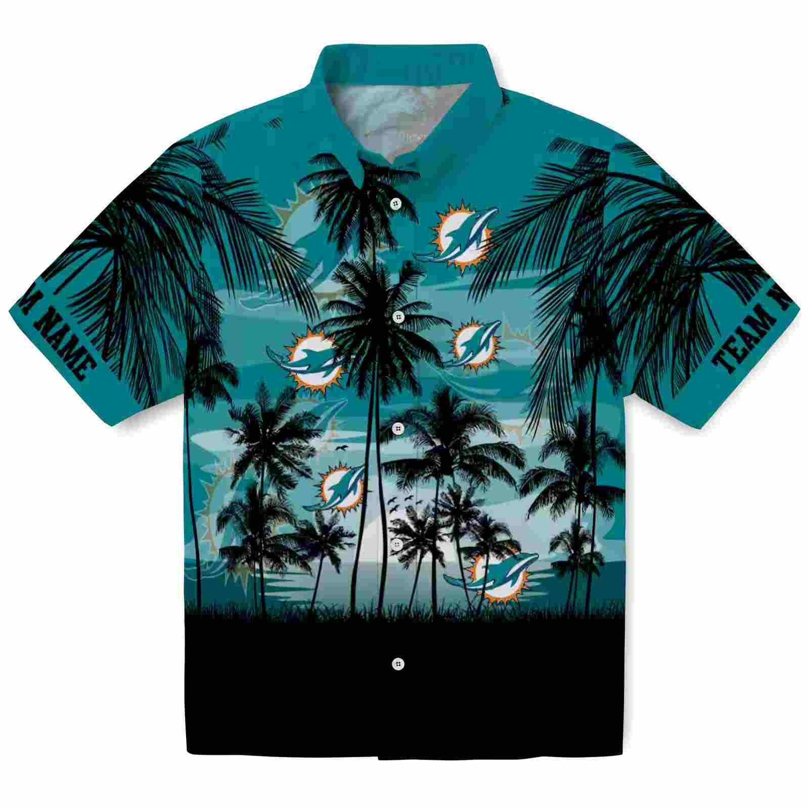 Personalized Miami Dolphins Sunset Scene Aqua Black Hawaiian Shirt