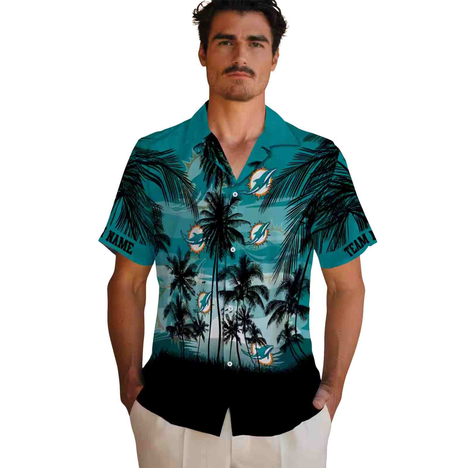 personalized miami dolphins sunset scene aqua black hawaiian shirt fashion forward