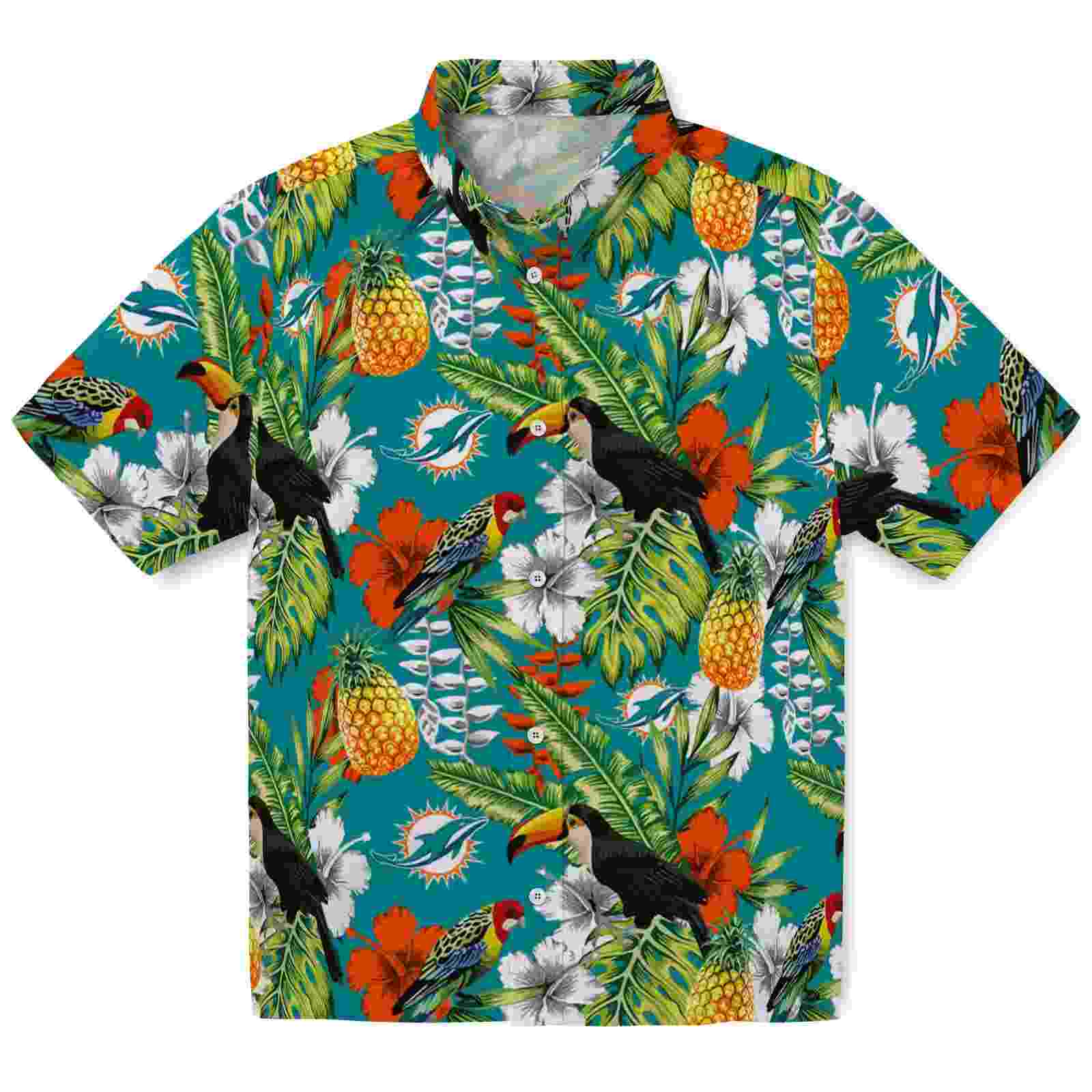 Personalized Miami Dolphins Tropical Toucan Aqua Green Hawaiian Shirt