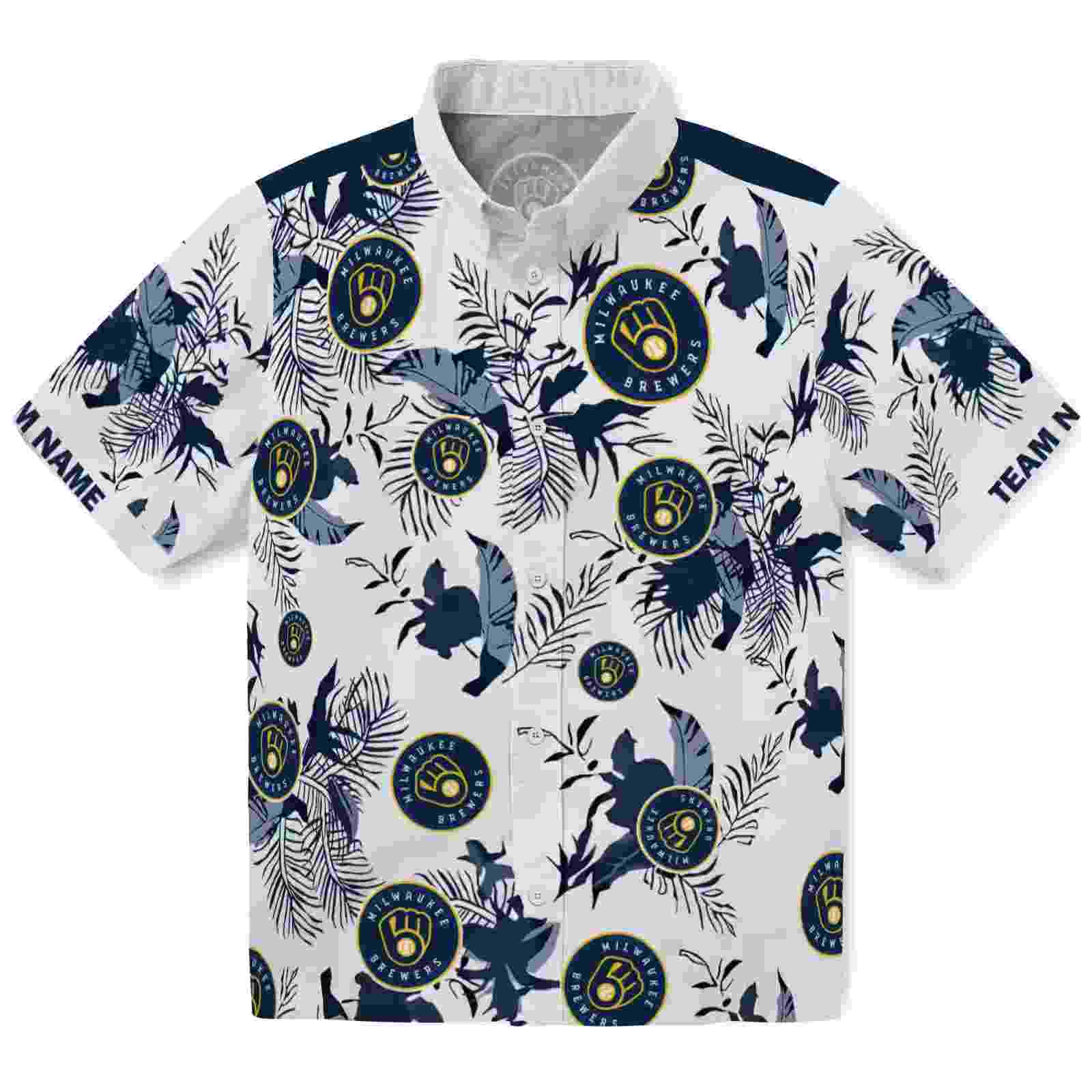 Personalized Milwaukee Brewers Botanical Theme Navy Blue White Hawaiian Shirt