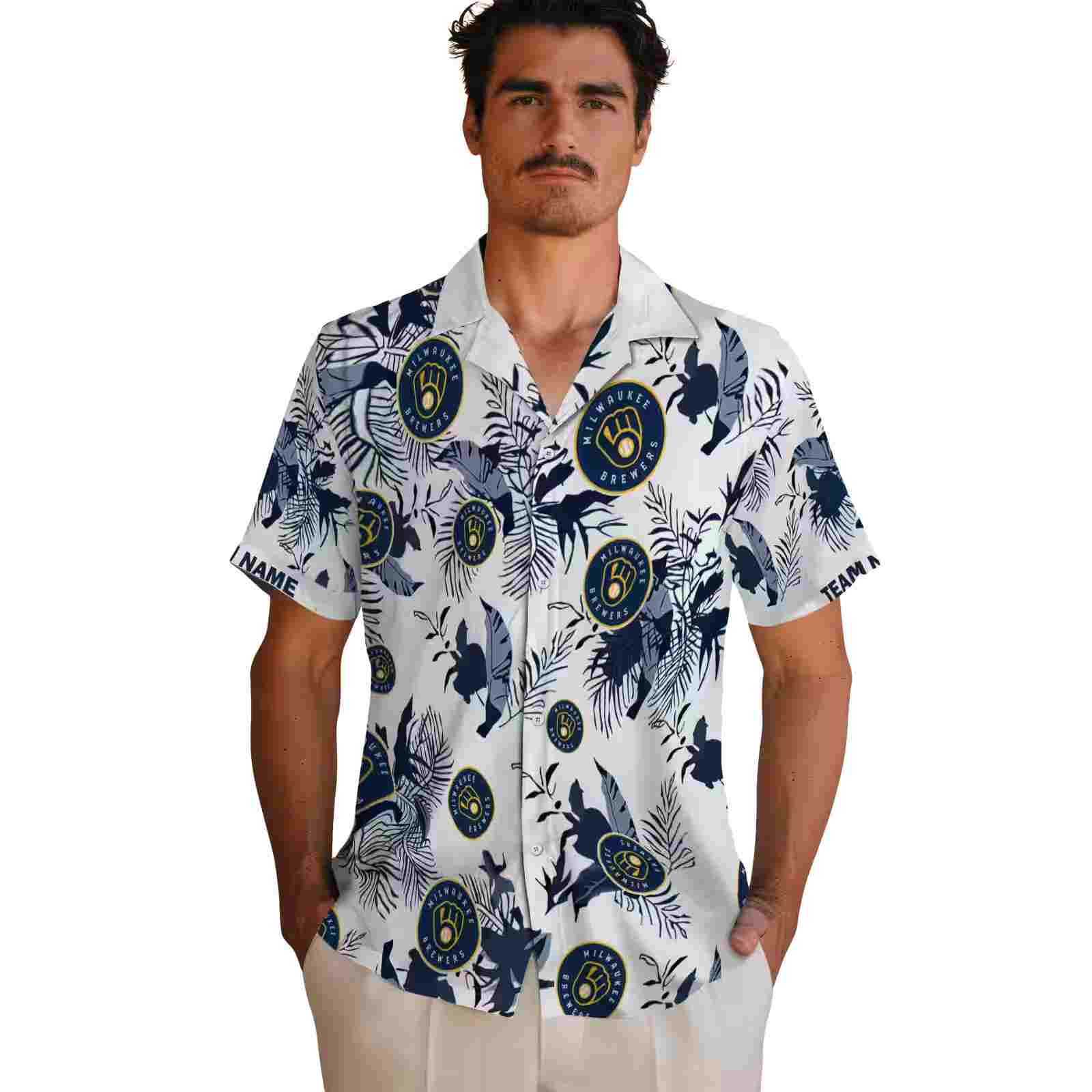 personalized milwaukee brewers botanical theme navy blue white hawaiian shirt fashion forward