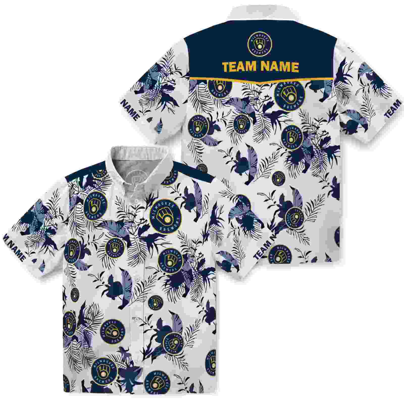 personalized milwaukee brewers botanical theme navy blue white hawaiian shirt high quality