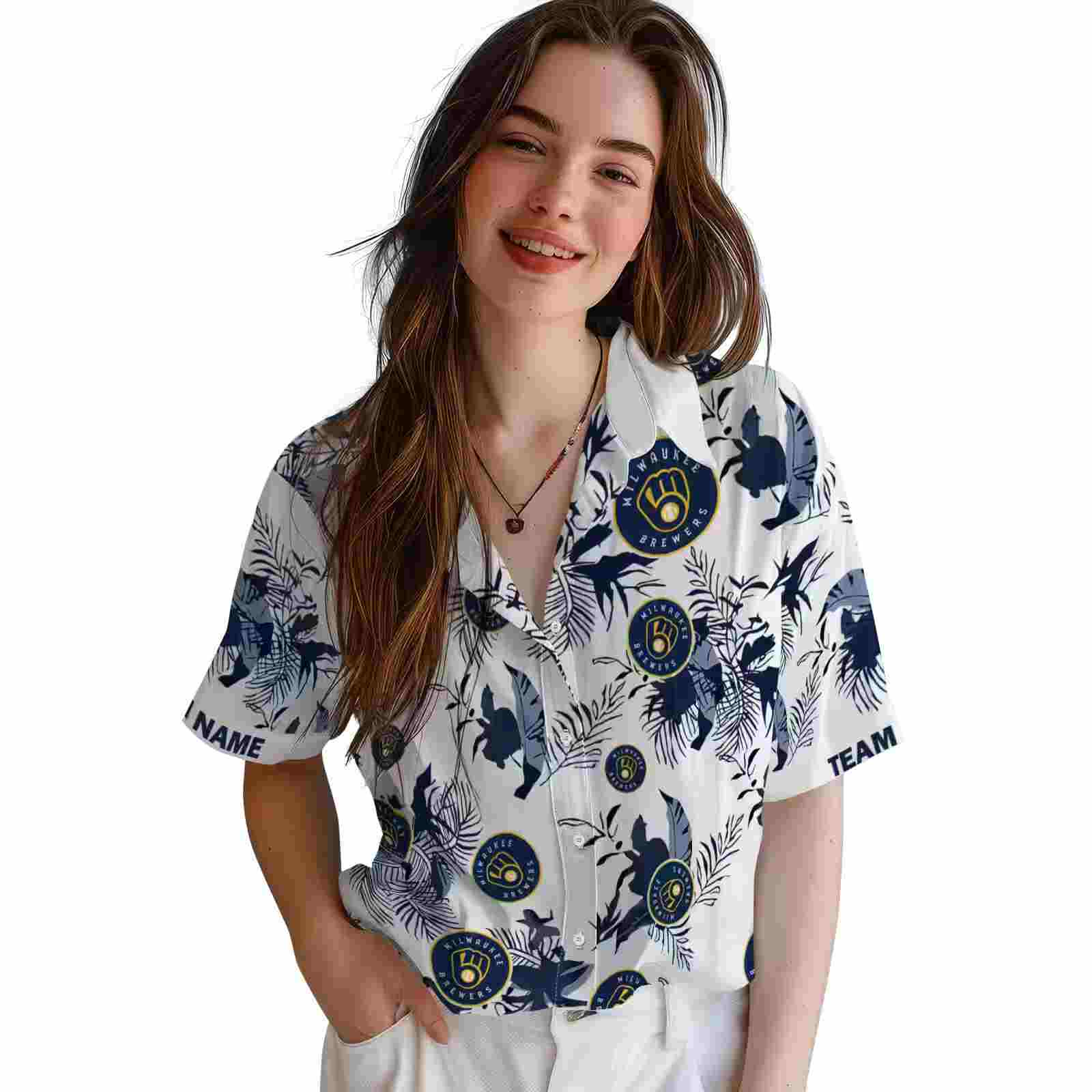 personalized milwaukee brewers botanical theme navy blue white hawaiian shirt latest model