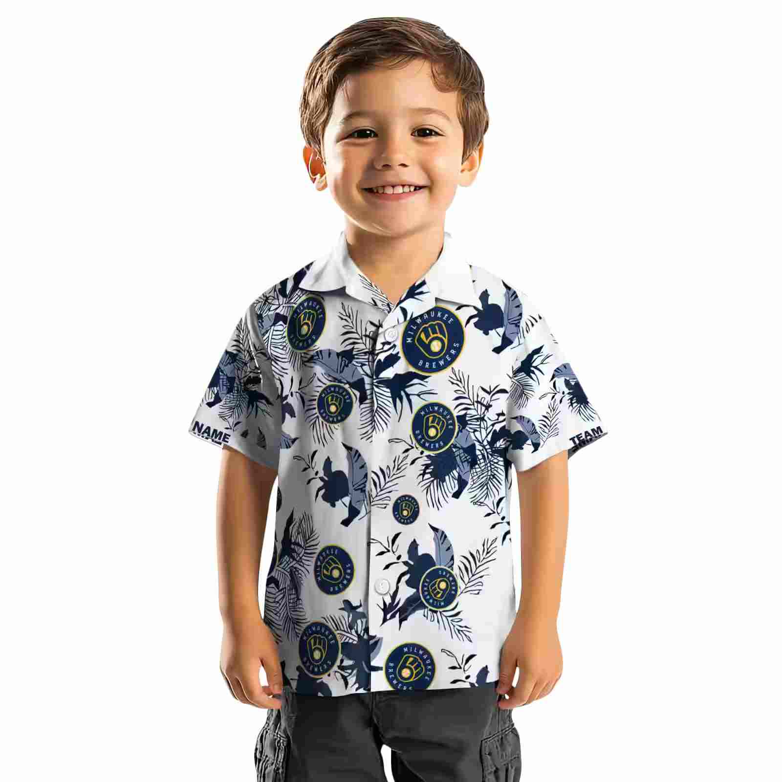 personalized milwaukee brewers botanical theme navy blue white hawaiian shirt top rated