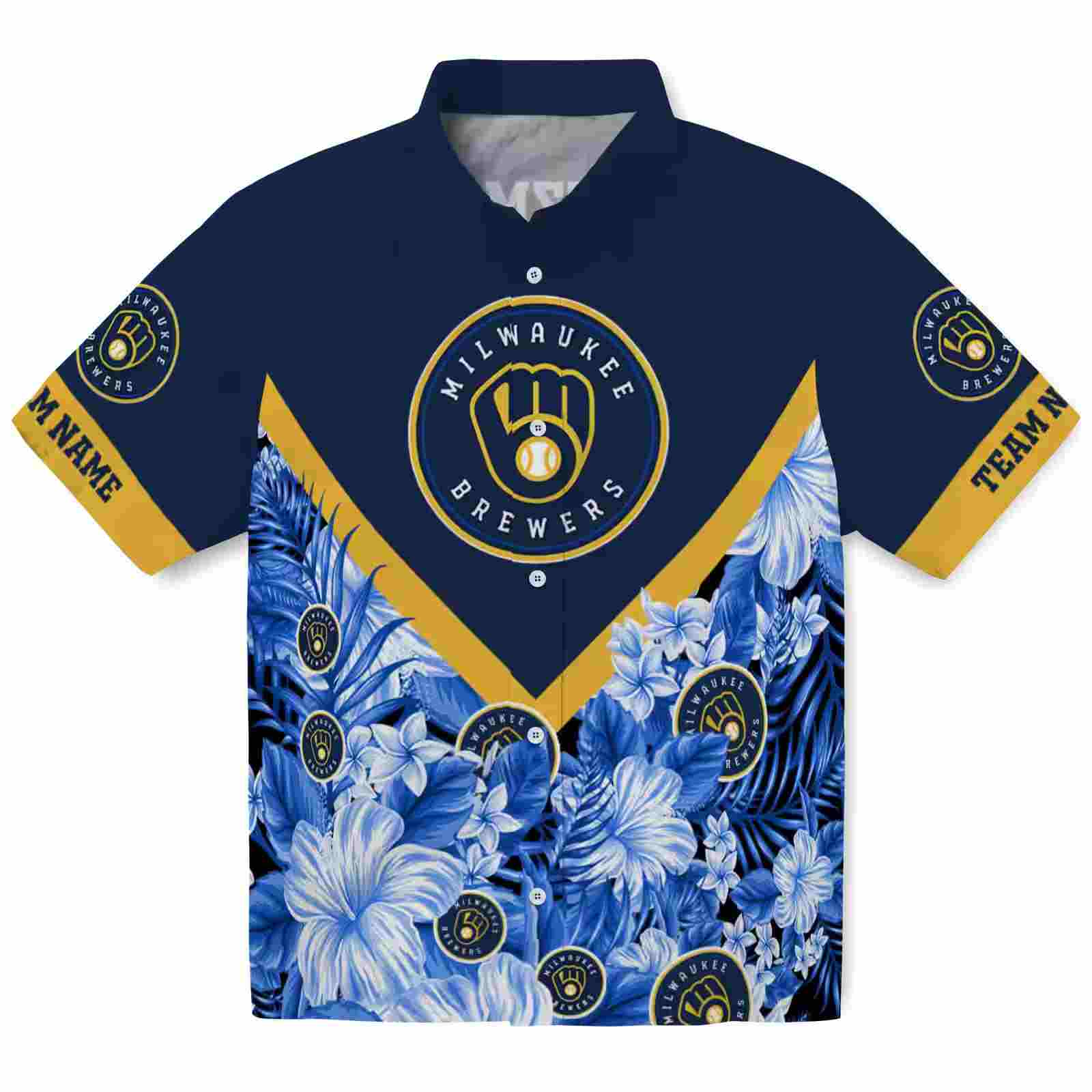 Personalized Milwaukee Brewers Floral Chevron Navy Blue Hawaiian Shirt