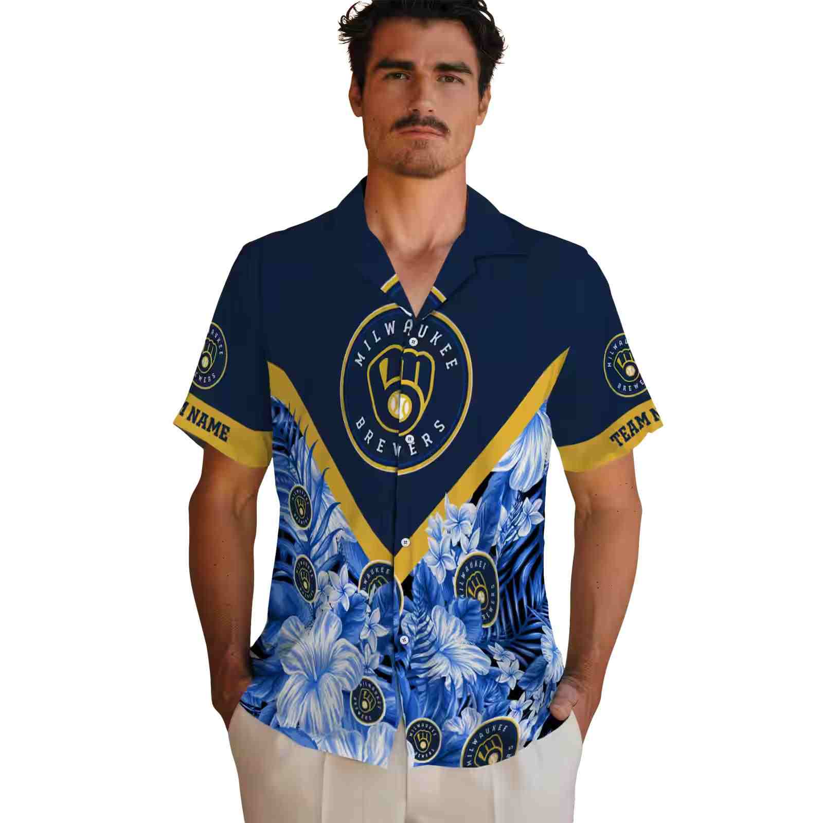 personalized milwaukee brewers floral chevron navy blue hawaiian shirt fashion forward