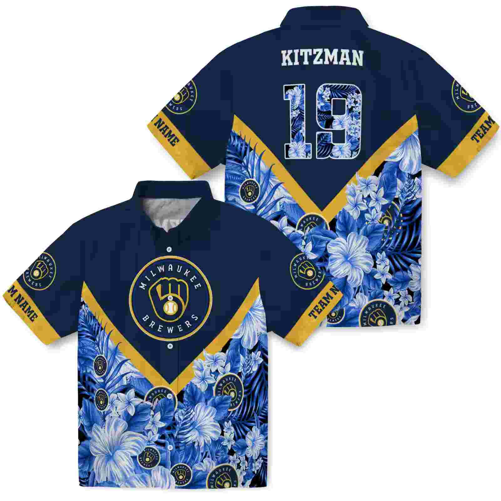 personalized milwaukee brewers floral chevron navy blue hawaiian shirt high quality