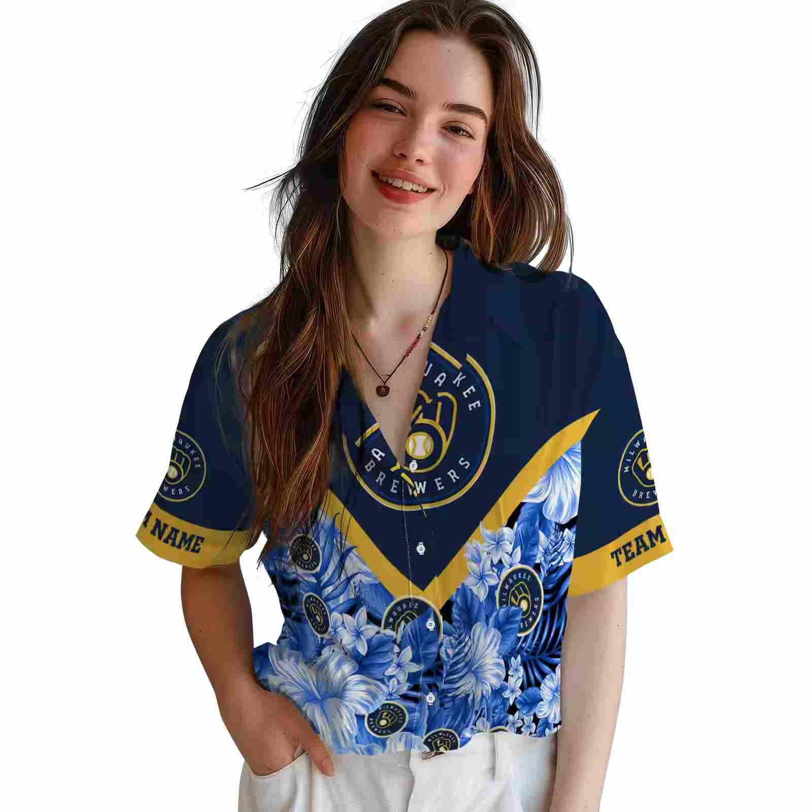 personalized milwaukee brewers floral chevron navy blue hawaiian shirt latest model