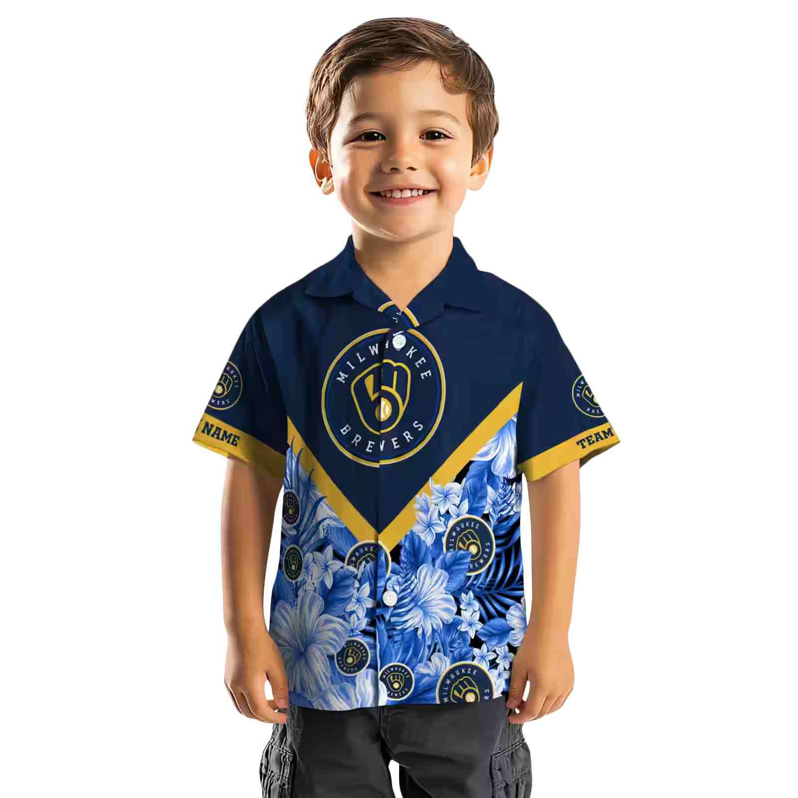 personalized milwaukee brewers floral chevron navy blue hawaiian shirt top rated