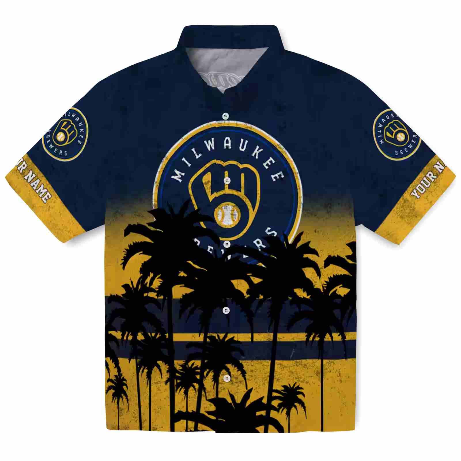 Personalized Milwaukee Brewers Sunset Pattern Navy Blue Black Hawaiian Shirt