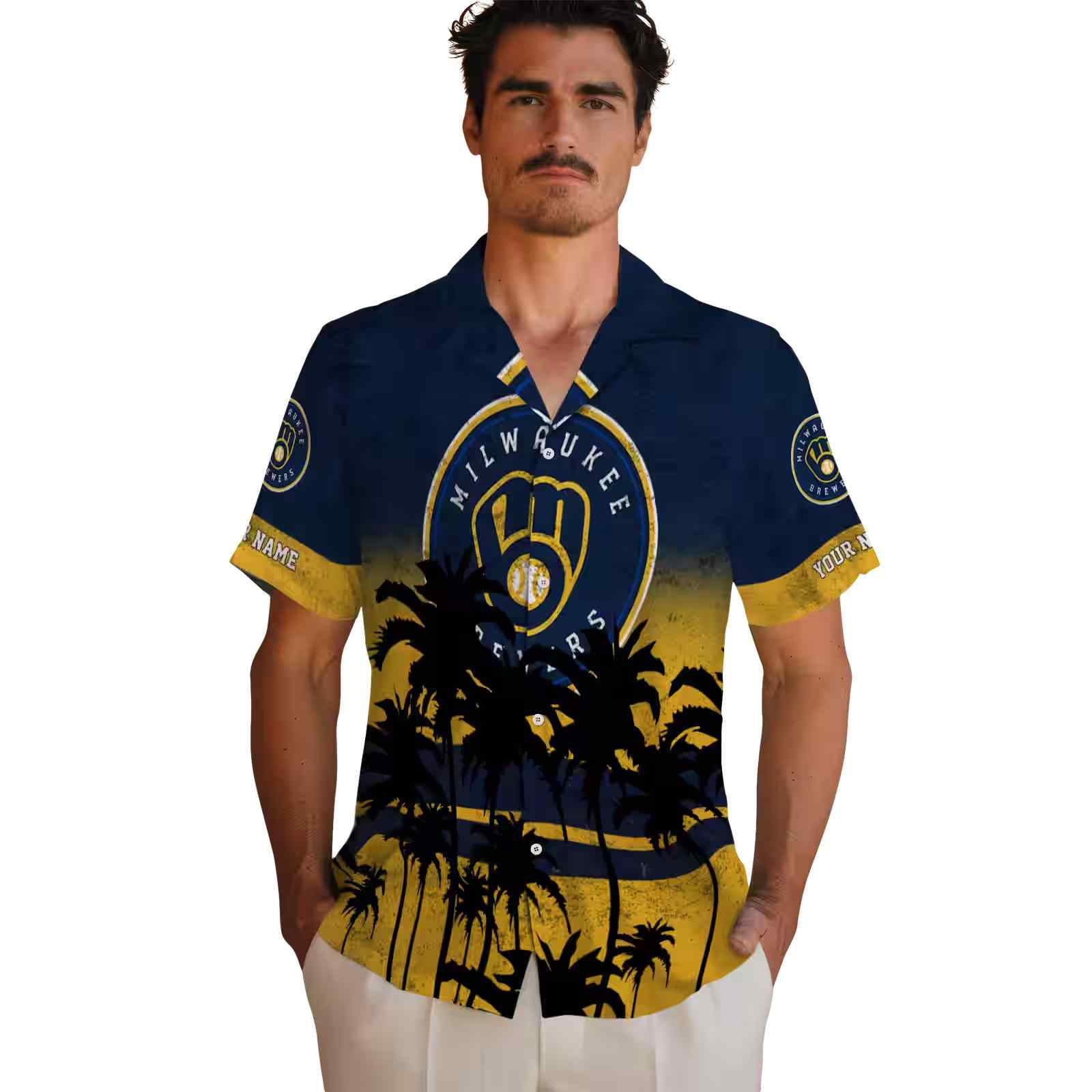 personalized milwaukee brewers sunset pattern navy blue black hawaiian shirt fashion forward