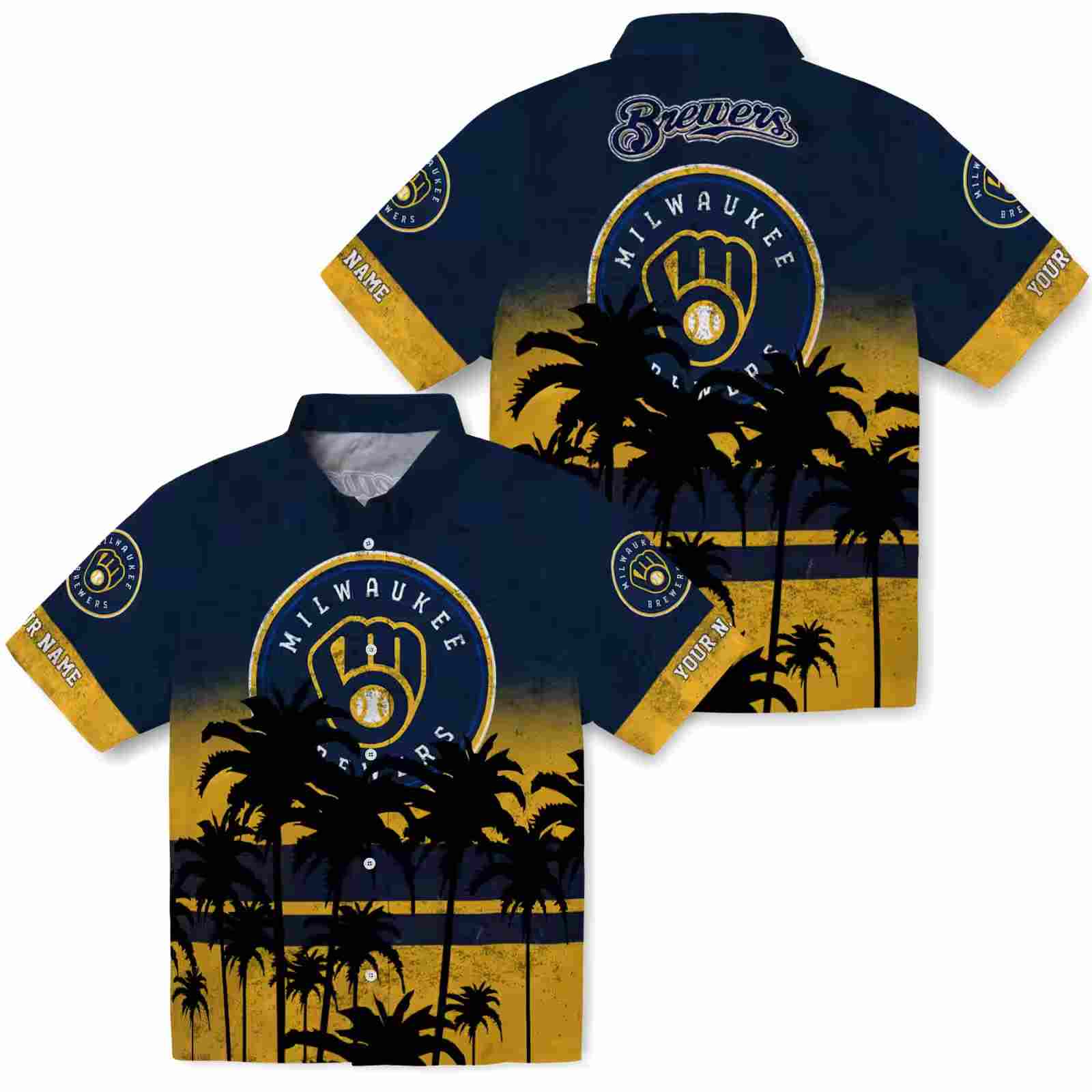 personalized milwaukee brewers sunset pattern navy blue black hawaiian shirt high quality