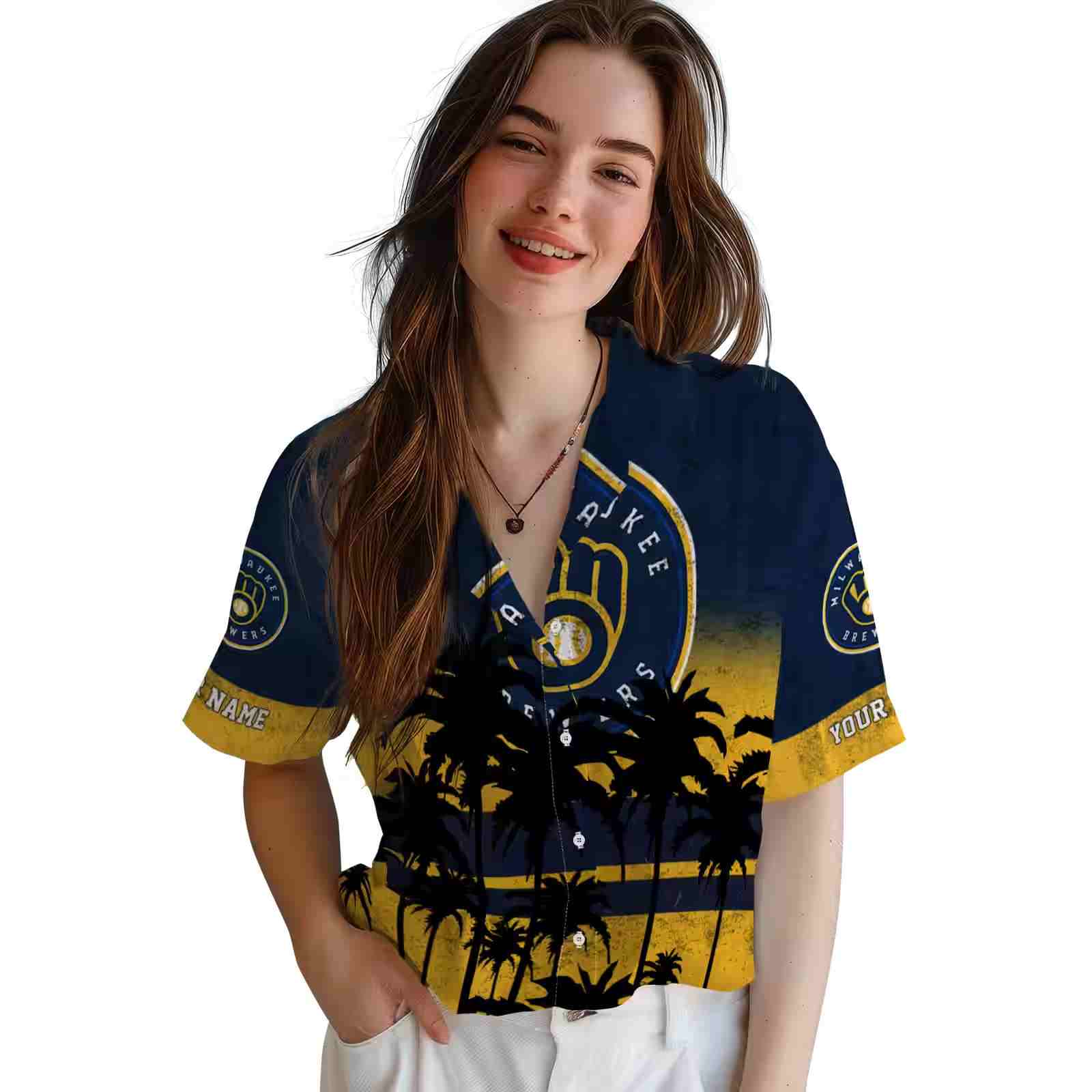 personalized milwaukee brewers sunset pattern navy blue black hawaiian shirt latest model