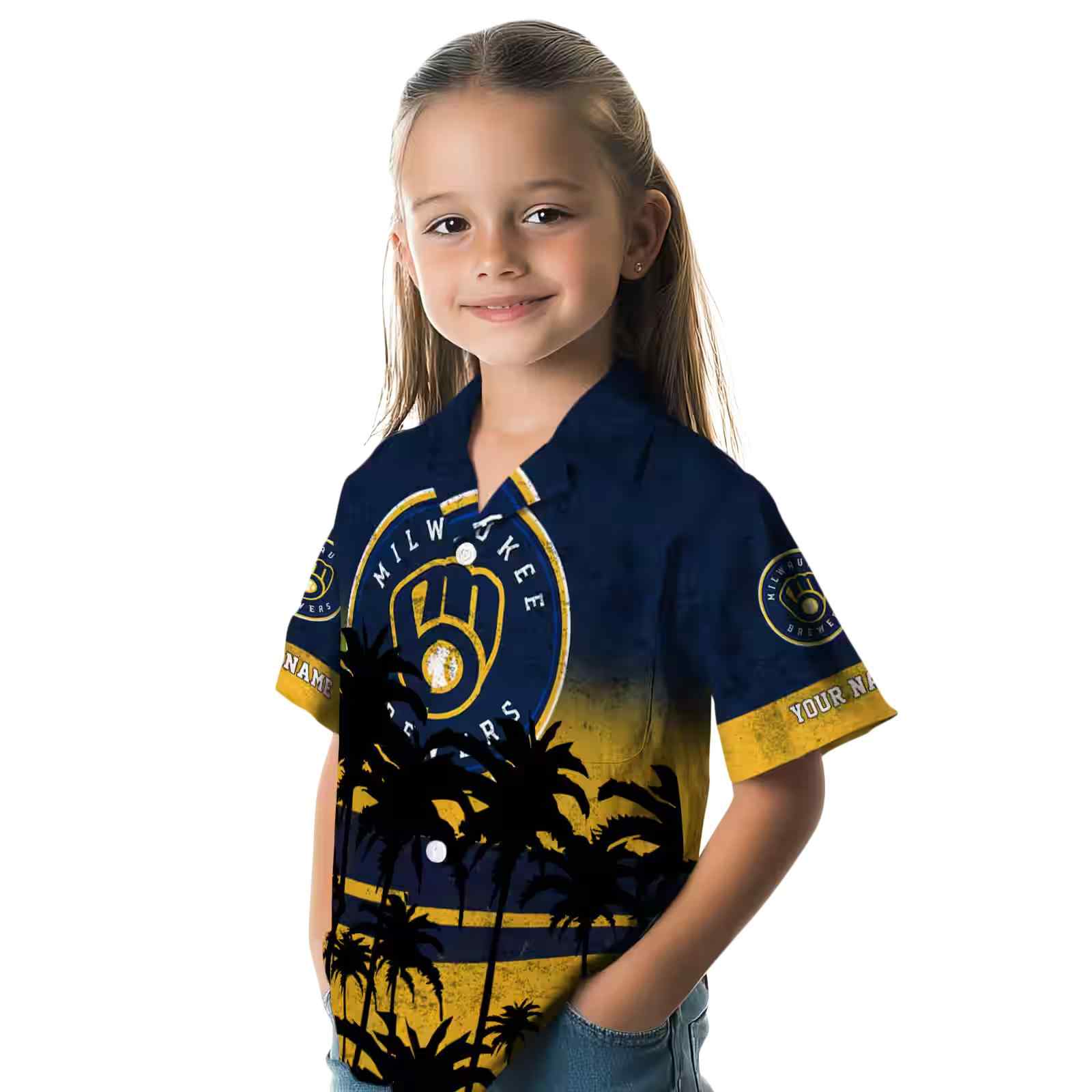 personalized milwaukee brewers sunset pattern navy blue black hawaiian shirt premium grade