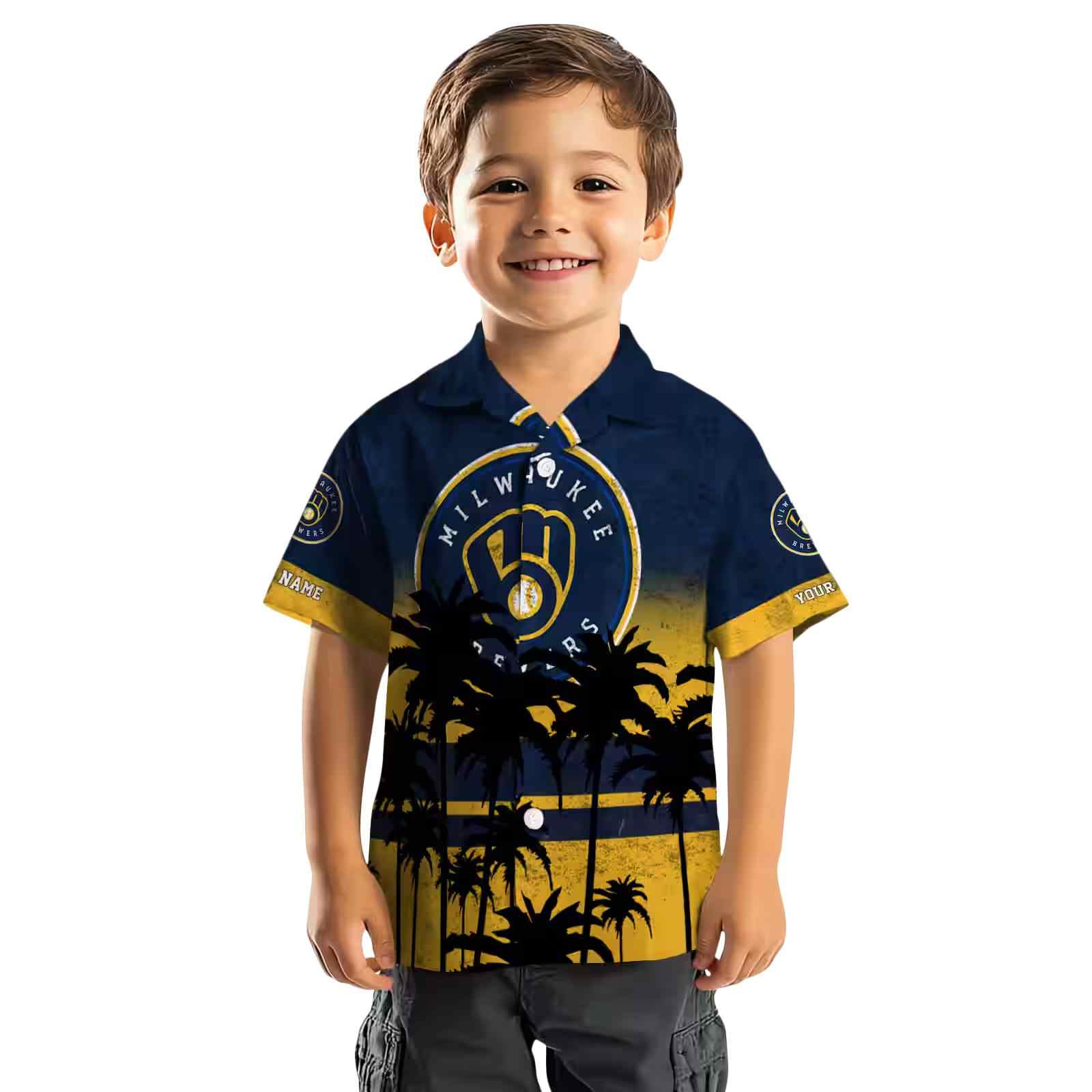 personalized milwaukee brewers sunset pattern navy blue black hawaiian shirt top rated